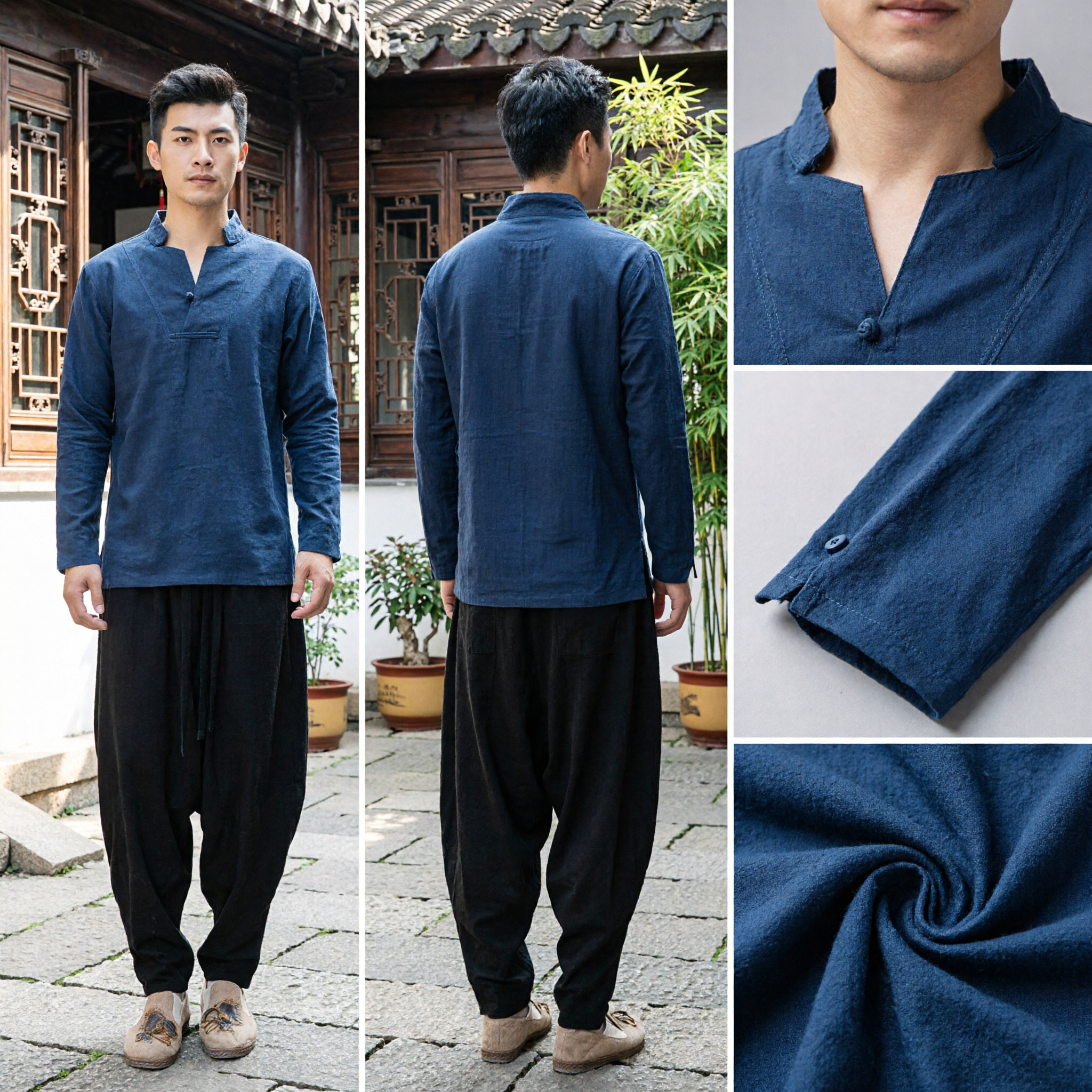 Men's Traditional Chinese Tang Suit Linen Shirt and Pants Set for Kung Fu Tai Chi Meditation - Asian Costume