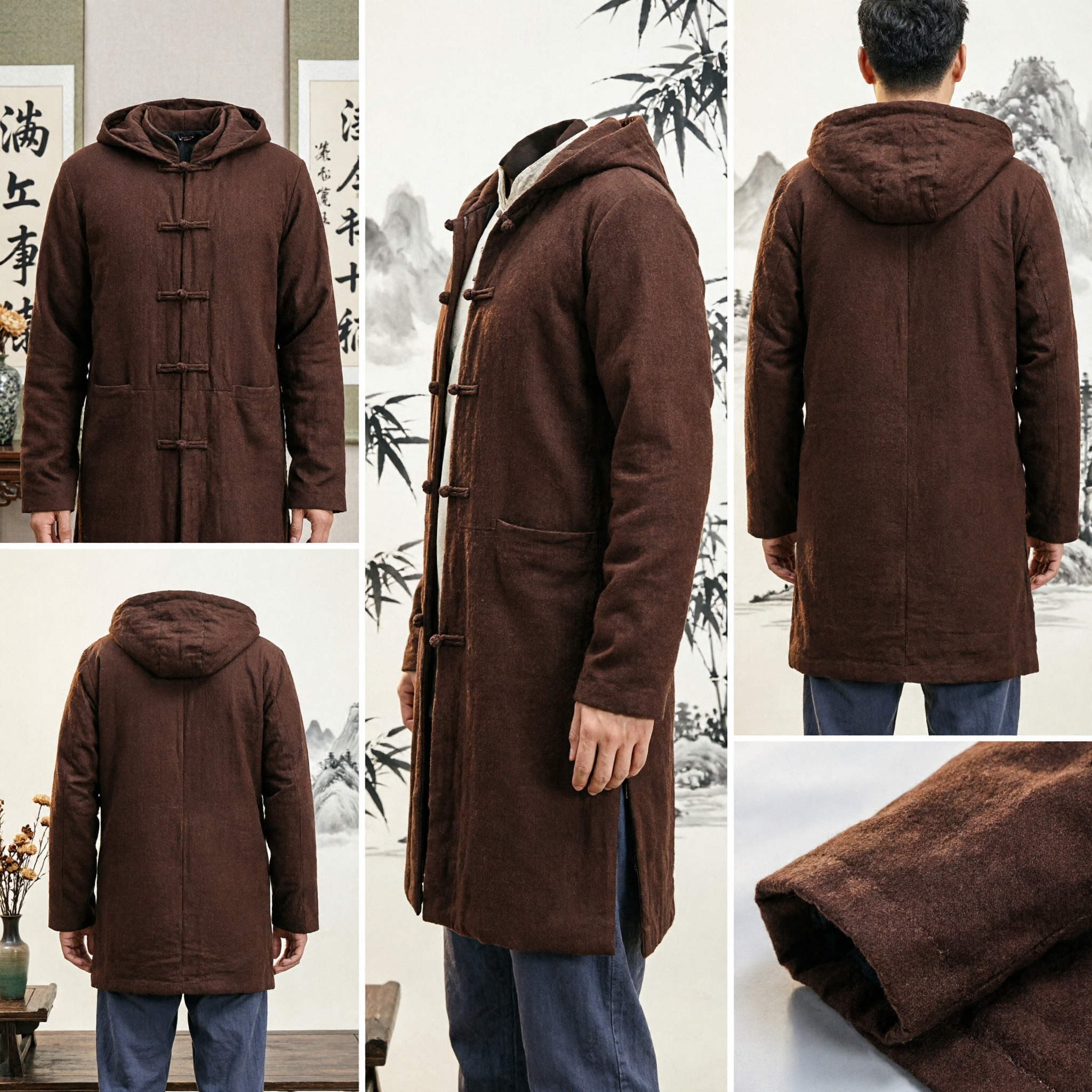 Men's Long Traditional Chinese Hooded Coat Vintage Tang Suit Thick Wool Jacket Winter Casual Outerwear - Asian Costume