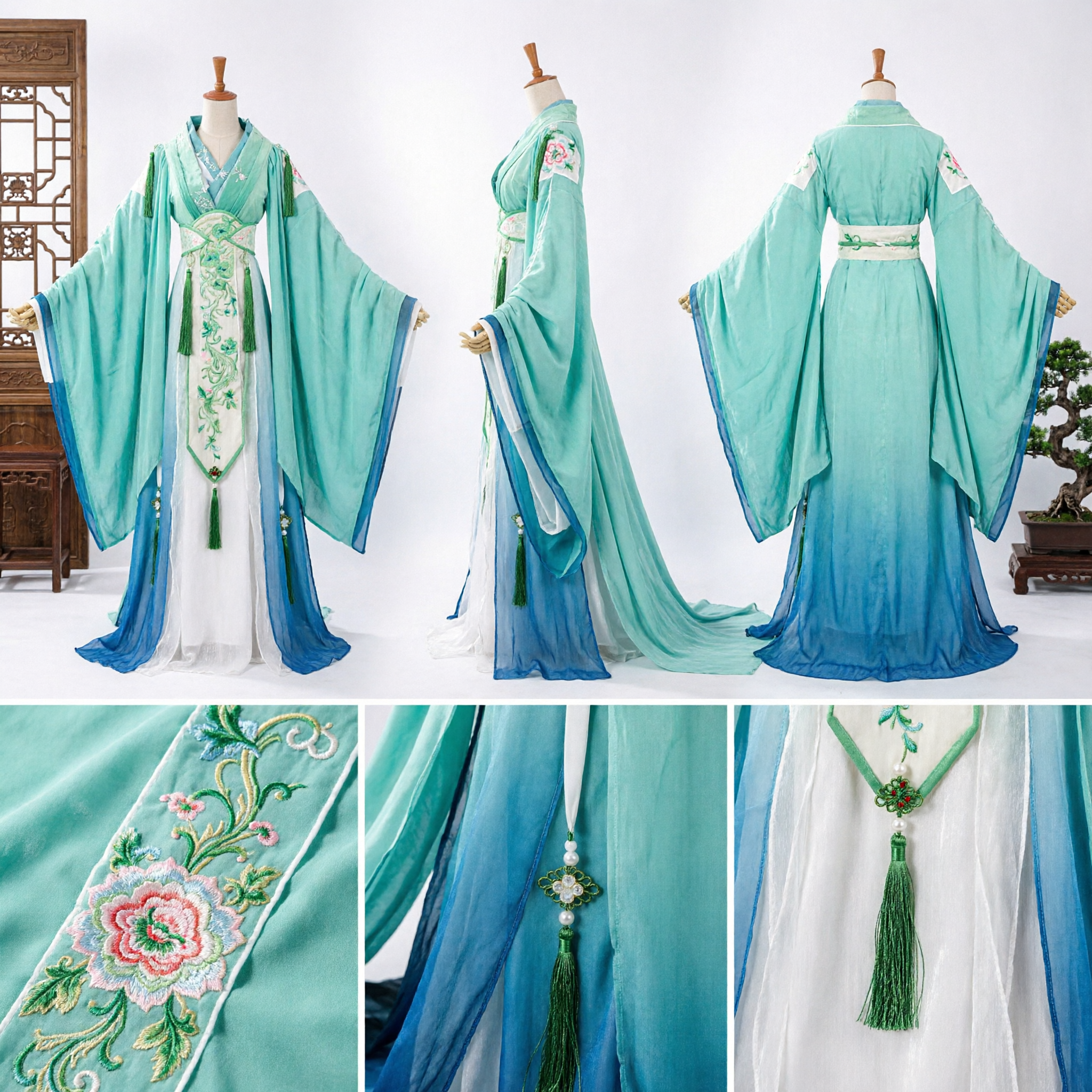 Traditional Chinese Hanfu Costume Women Ancient Fairy Dress Teal Blue Xianxia Cosplay Embroidered Robe for Photography - Asian Costume