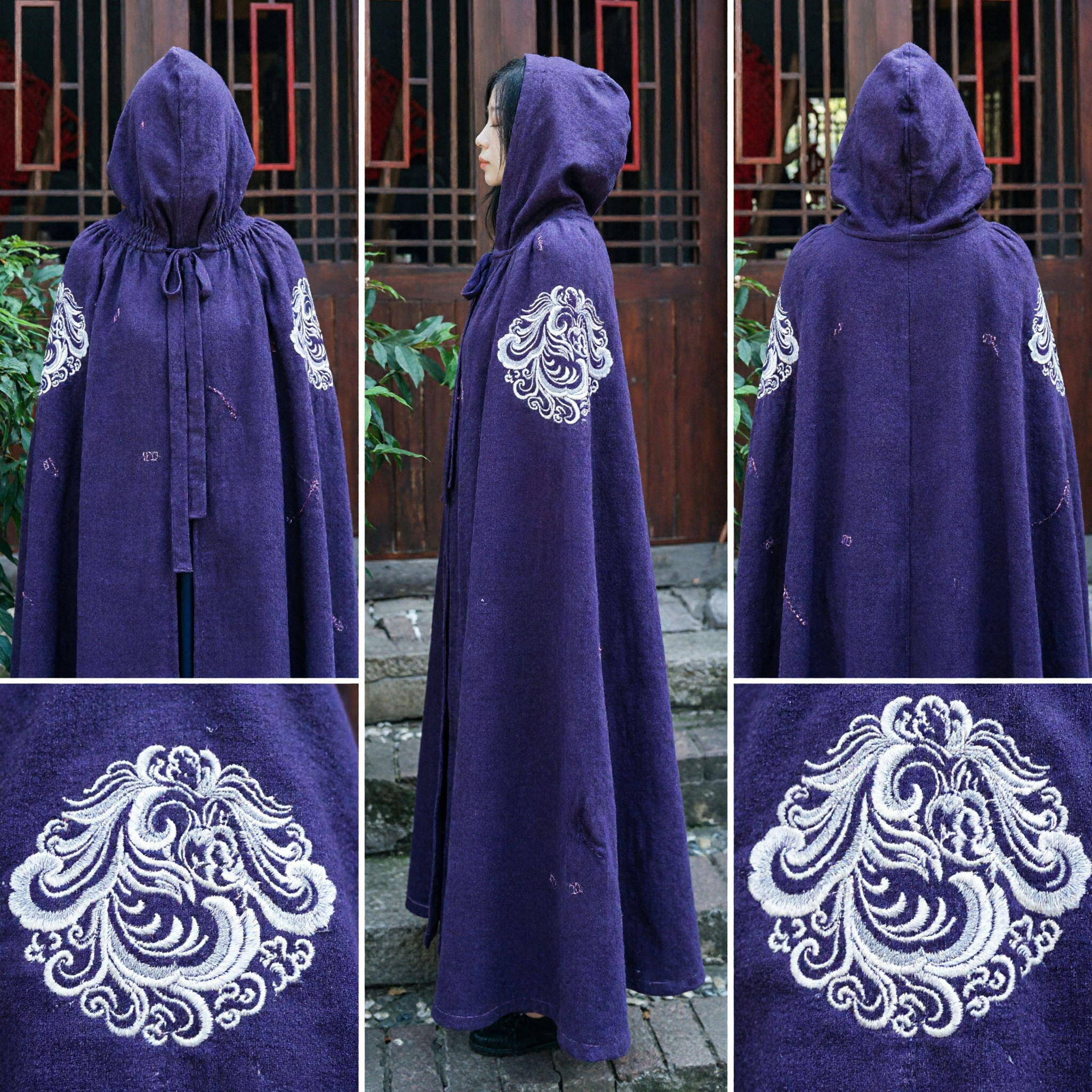 Women's Traditional Chinese Purple Hooded Cloak with Embroidery Ancient Hanfu Cape for Cosplay and Photography - Asian Costume
