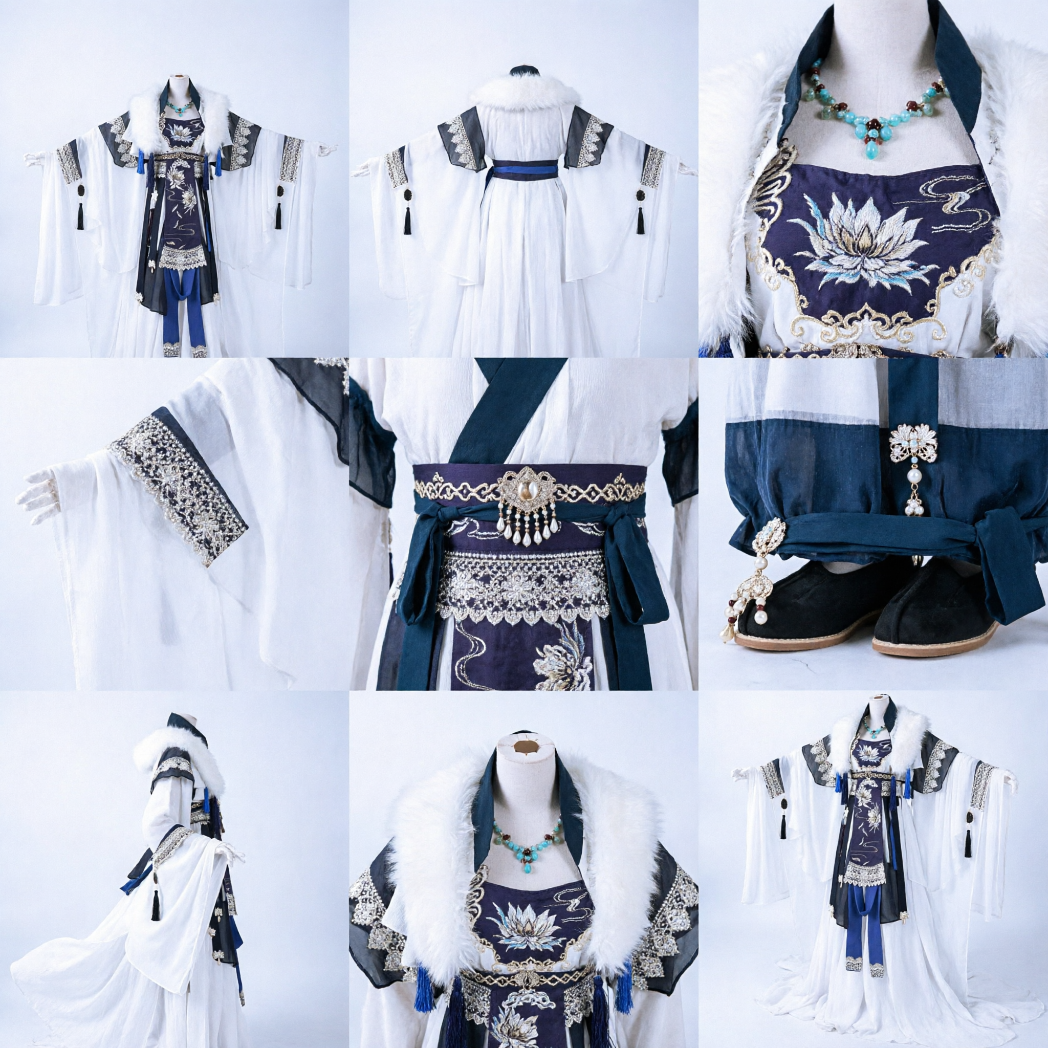 Traditional Chinese Hanfu Winter Costume Blue Floral Embroidery Dress with White Fur Collar Cloak for Women - Asian Costume