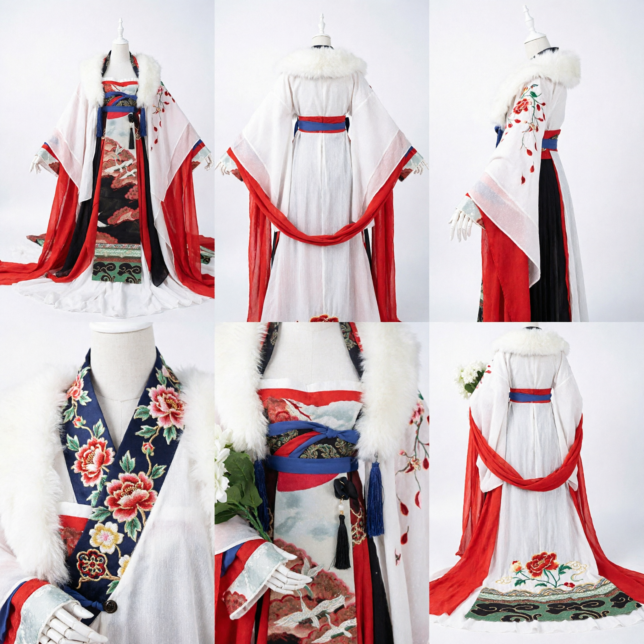 Elegant Women's Traditional Chinese Hanfu Costume Red and White Ancient Palace Dress with Fur Collar for Cosplay - Asian Costume