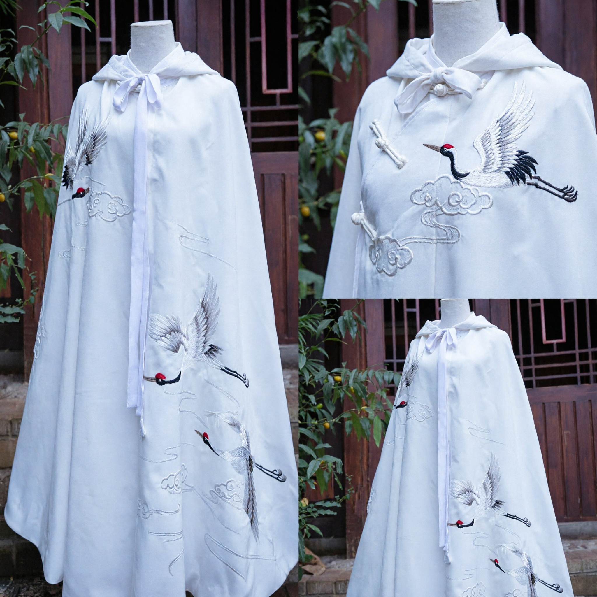 Traditional Chinese White Hanfu Cloak Cape with Elegant Crane Embroidery Ancient Costume Outerwear for Women - Asian Costume