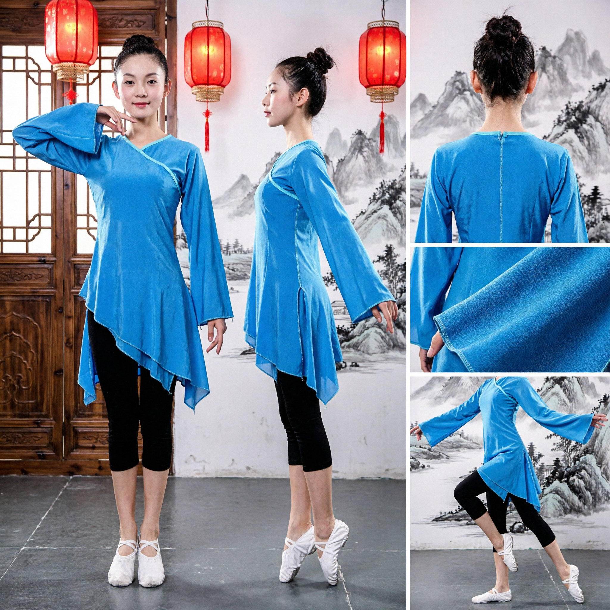 Elegant Blue Chinese Classical Dance Costume Long Sleeve Folk Dance Yangge Performance Wear for Women - Asian Costume