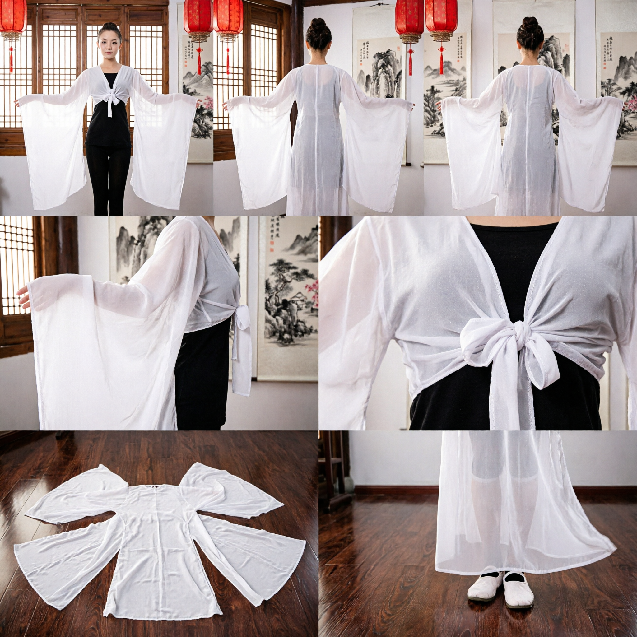 Women's Chinese Classical Dance Water Sleeves White Chiffon Top Traditional Folk Dance Practice Performance Wear - Asian Costume
