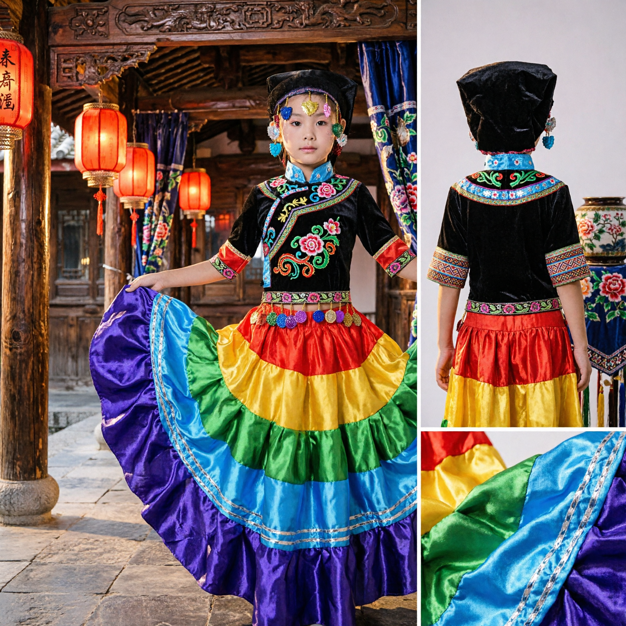 Traditional Chinese Yi Ethnic Minority Dance Costume for Girls Kids Rainbow Skirt Stage Performance Outfit - Asian Costume