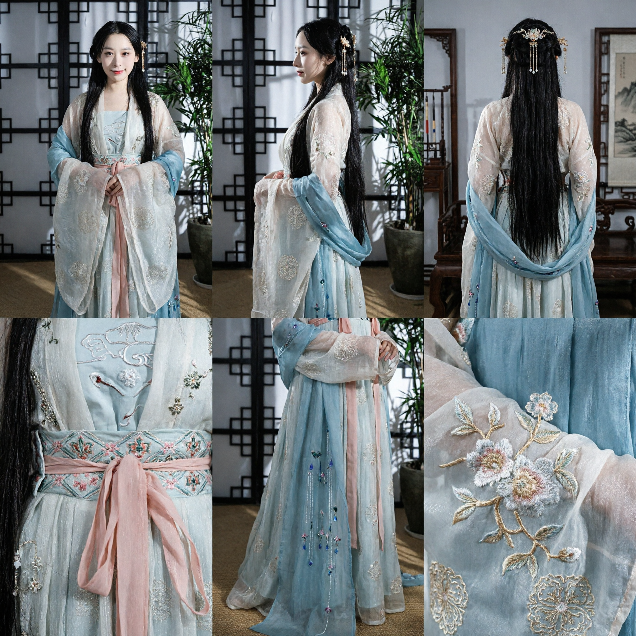 Elegant Chinese Hanfu Traditional Ancient Costume Blue Embroidered Fairy Dress Long Gown for Women Photography - Asian Costume
