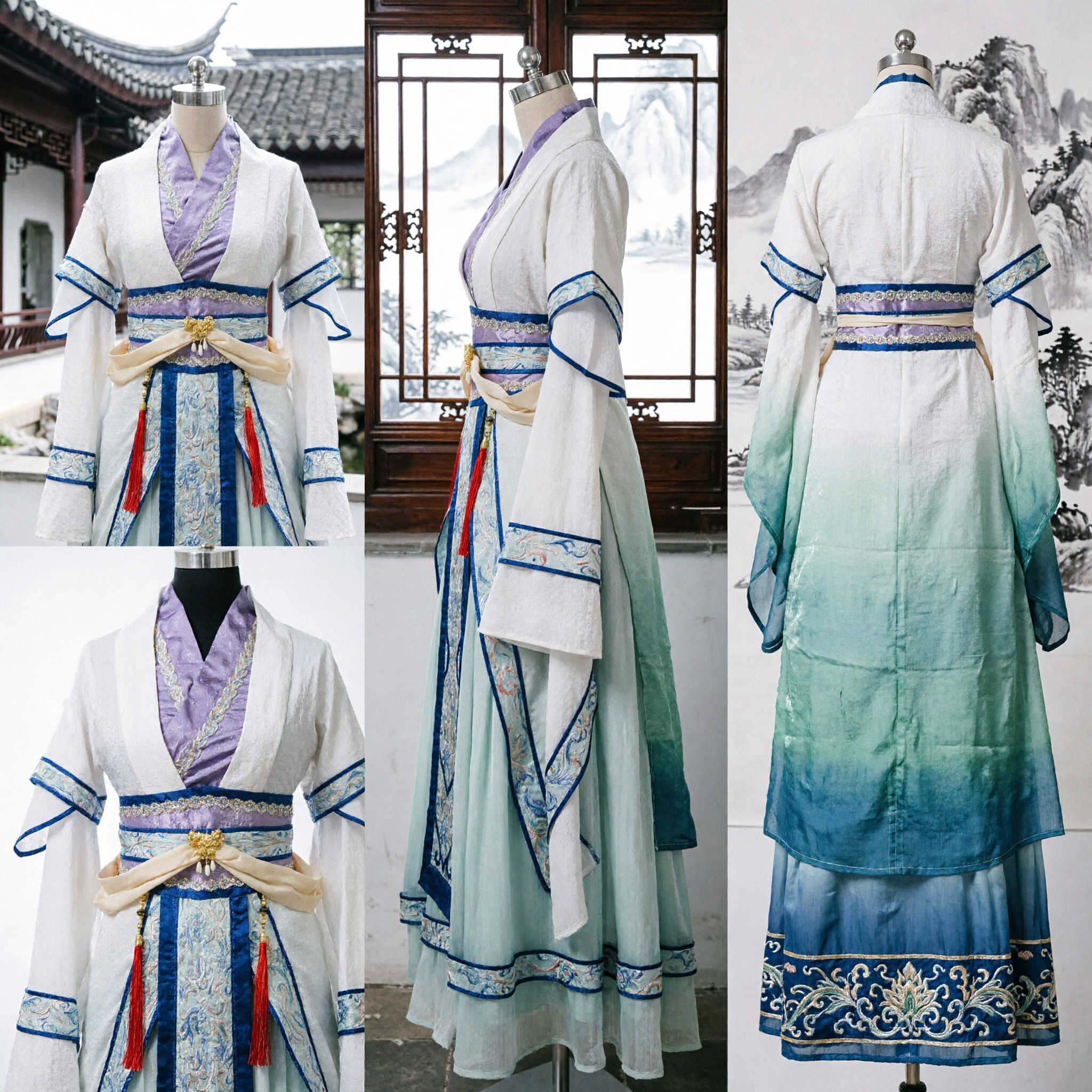 Traditional Chinese Hanfu Ancient Costume for Women Elegant White and Blue Embroidered Dress for Cosplay and Stage Performance - Asian Costume