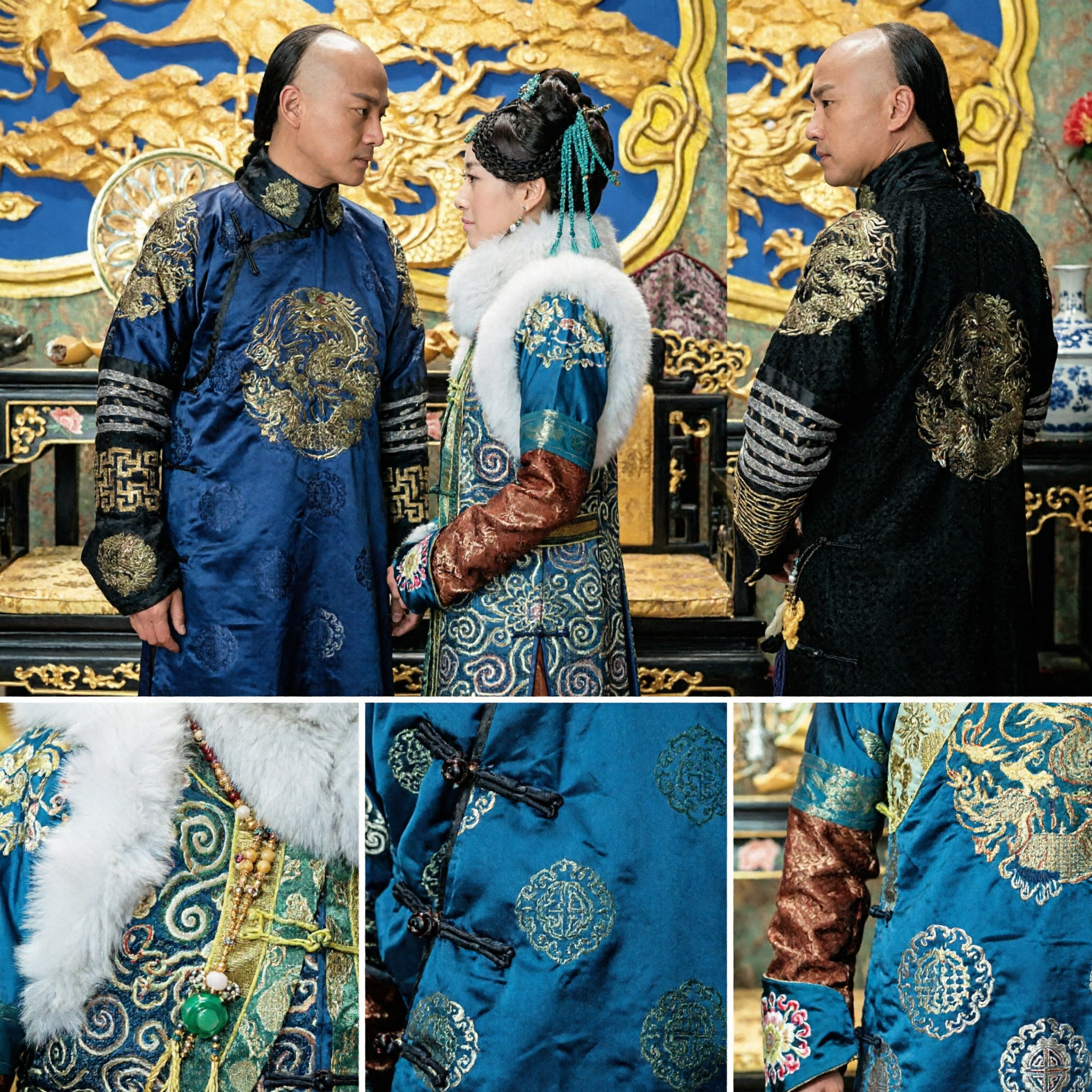 Qing Dynasty Imperial Couple Costumes Manchu Dragon Robe and Fur Collar Dress for Historical Cosplay and Performance - Asian Costume