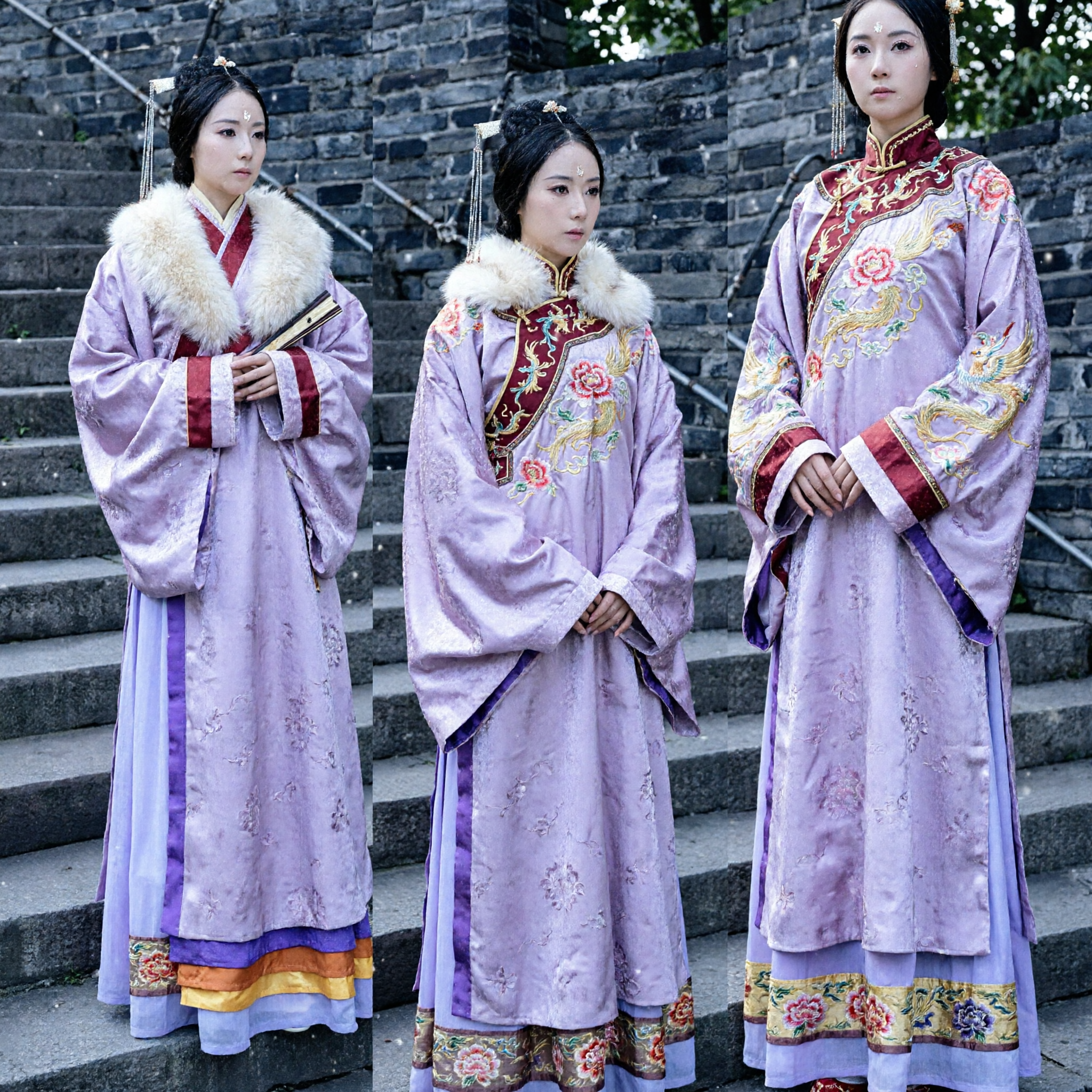 Elegant Purple Winter Hanfu with White Fur Collar Traditional Chinese Noble Lady Costume for Women - Asian Costume