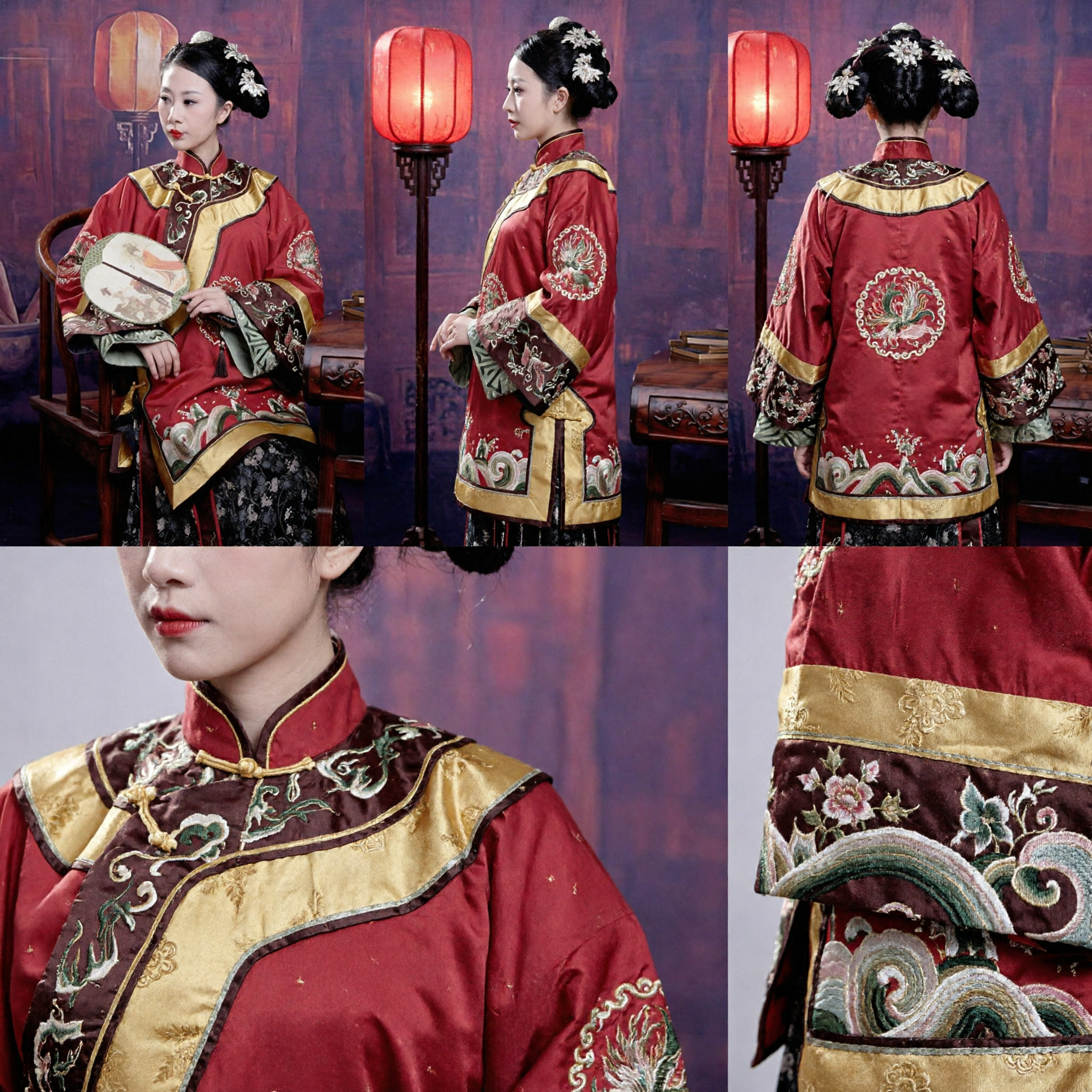Traditional Chinese Qing Dynasty Costume Red Embroidered Jacket and Black Floral Skirt Set for Women Hanfu Photography - Asian Costume