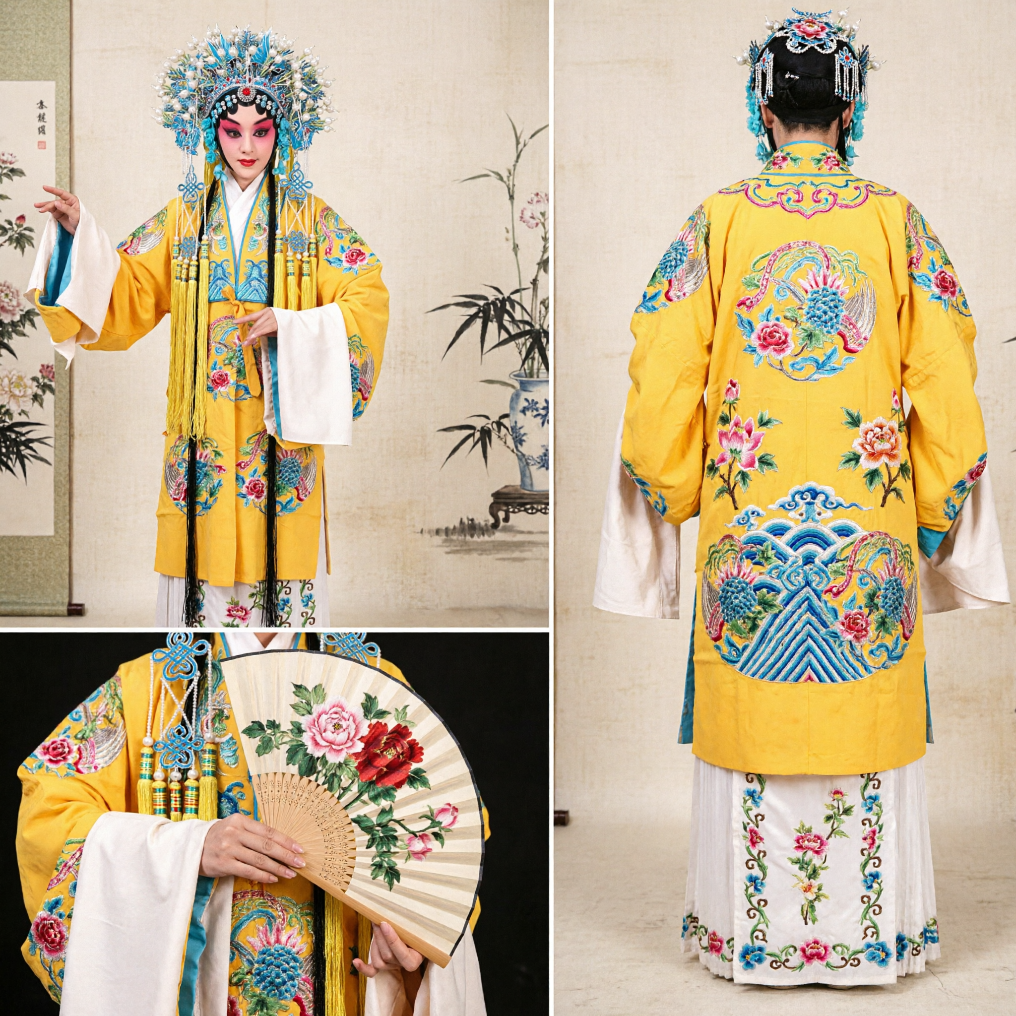 Traditional Chinese Peking Opera Costume for Women Hua Dan Yellow Robe with Phoenix Headpiece and Fan - Asian Costume