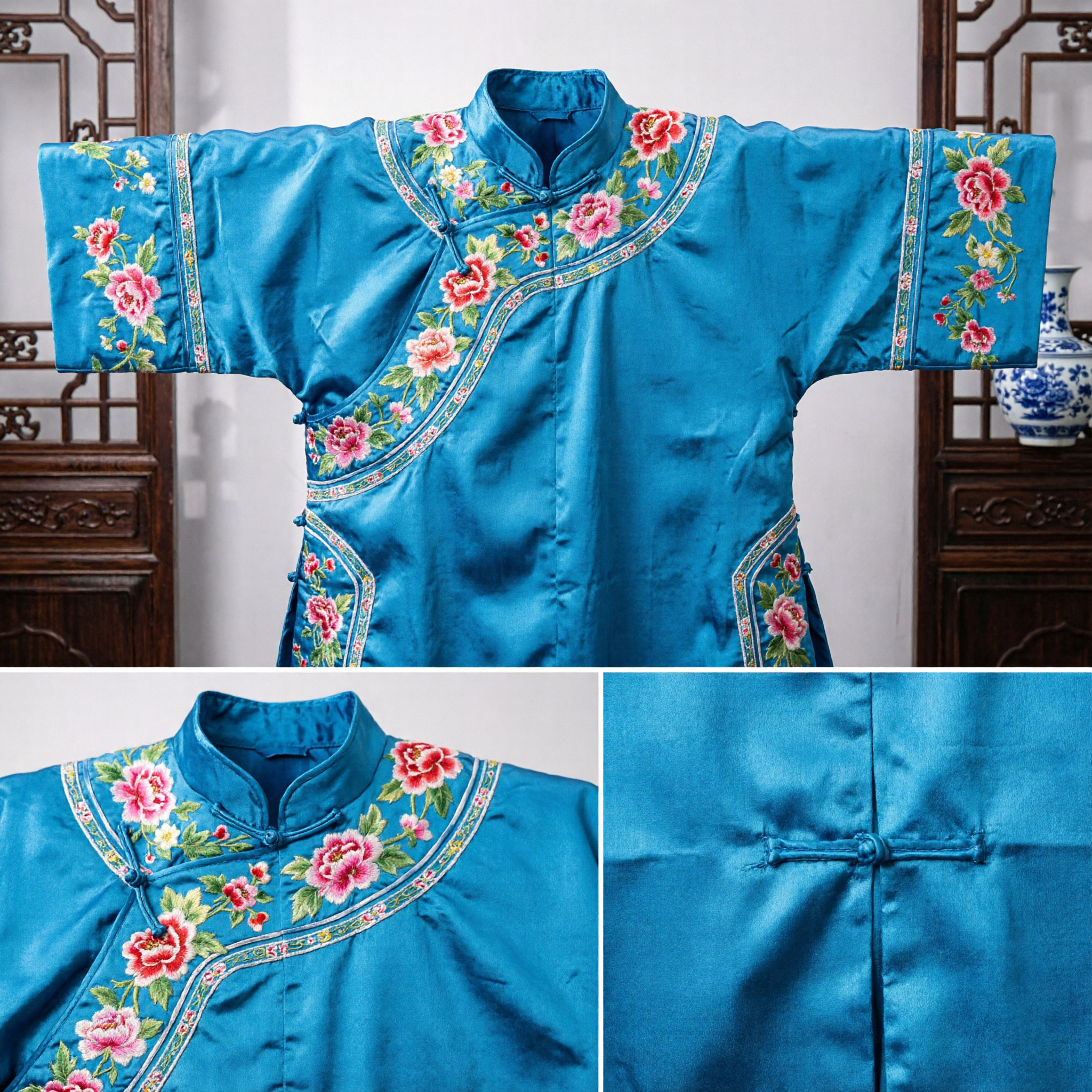 Traditional Chinese Blue Wedding Dowry Suitcase Set Embroidered Phoenix Peony Trunk Boxes for Bridal Trousseau - Asian Costume