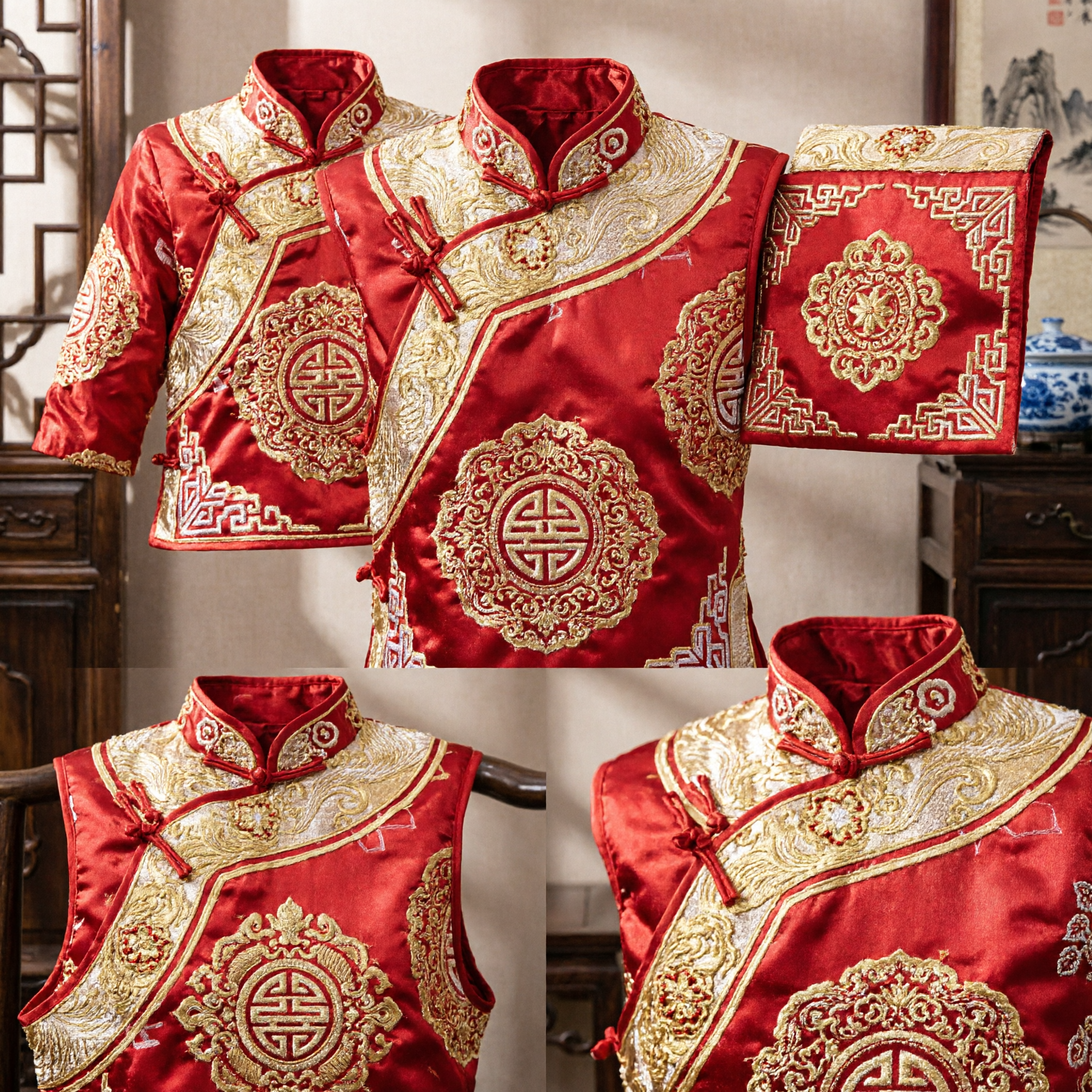 Traditional Chinese Wedding Dowry Box Set Red Gold Embroidery Jewelry Storage Chest for Bride Gift - Asian Costume