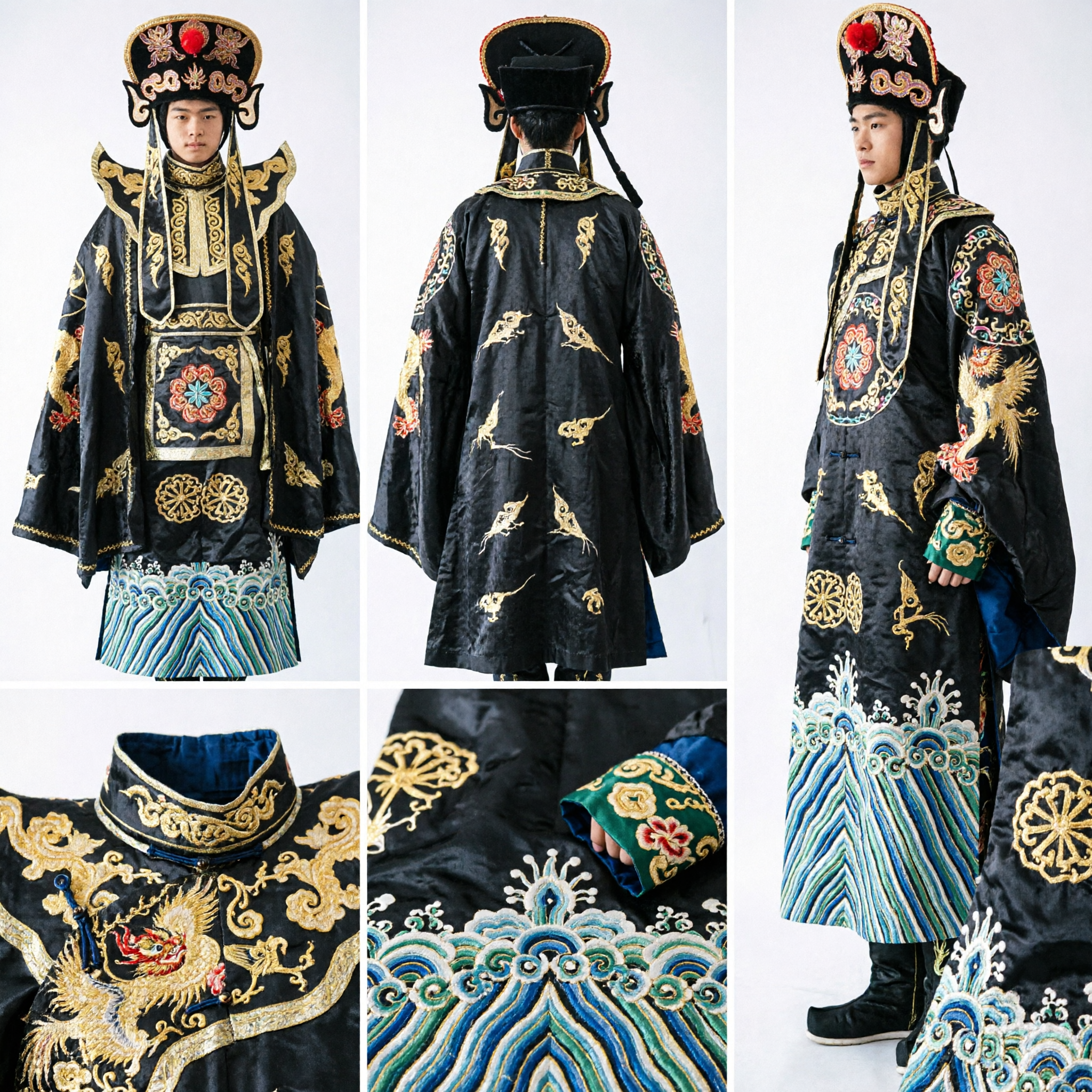 Traditional Chinese Peking Opera Emperor Costume Black Gold Dragon Robe with Hat for Men Stage Performance - Asian Costume