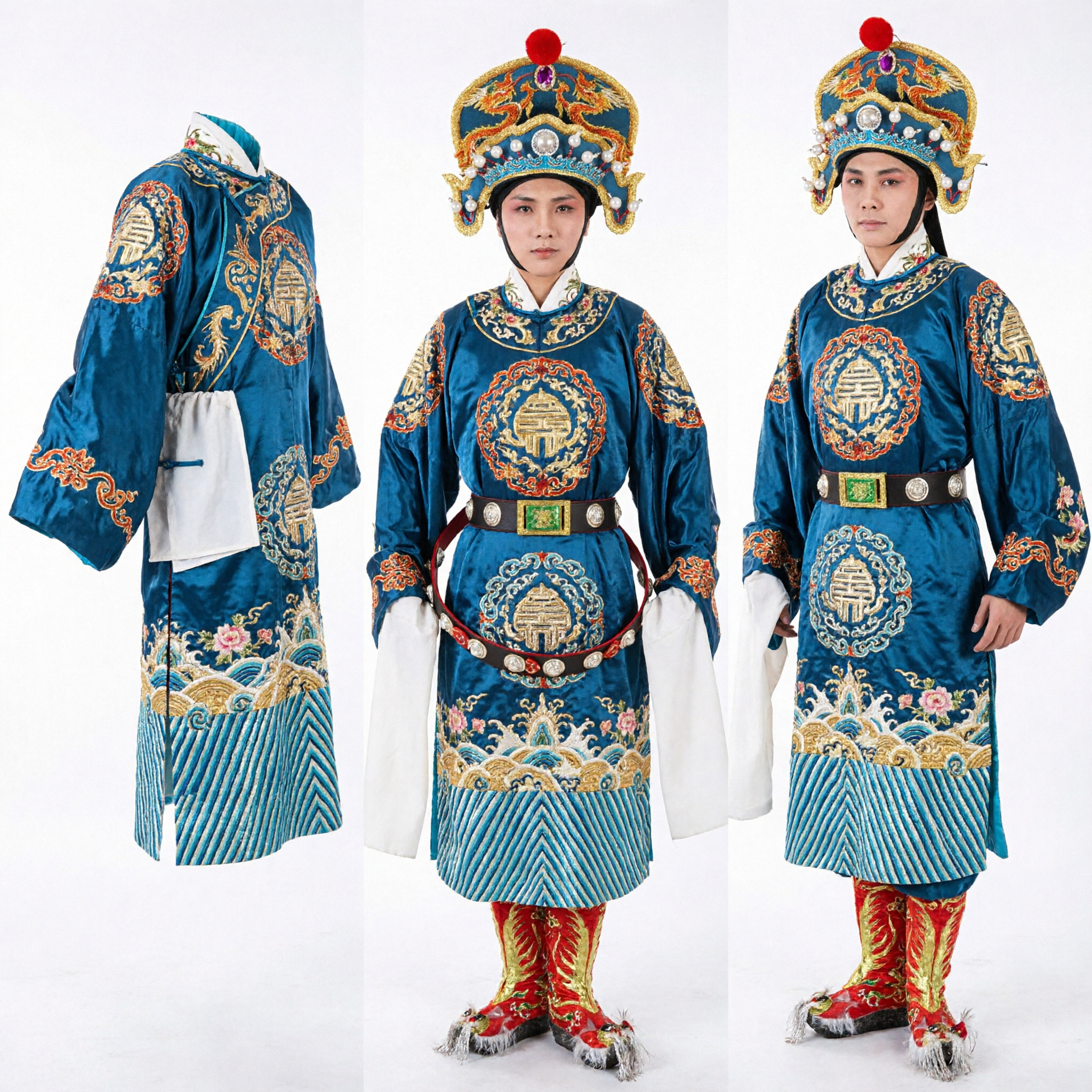 Men's Blue Chinese Opera General Warrior Costume with Embroidered Cape and Phoenix Headdress for Stage Performance - Asian Costume