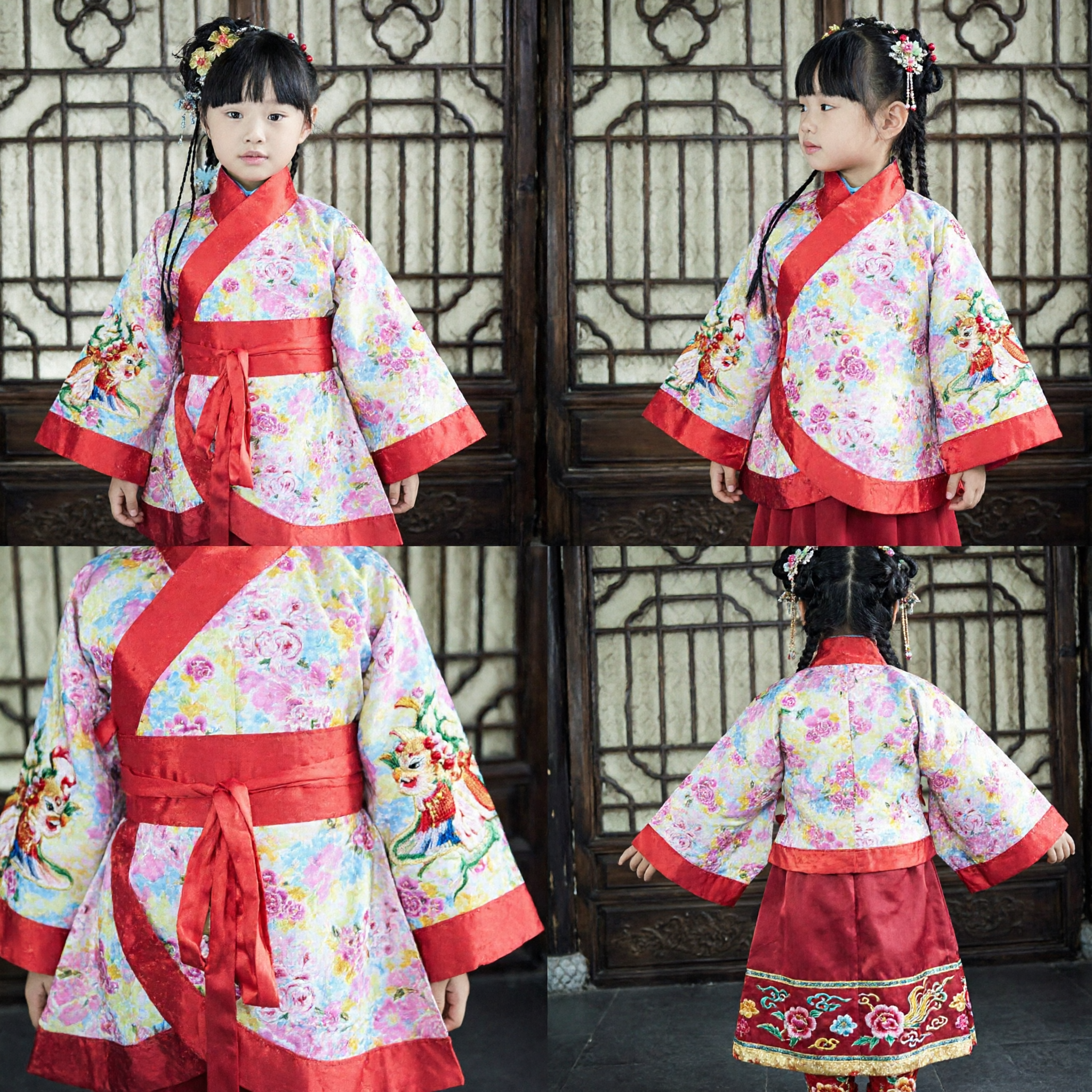 Girls Chinese Traditional Hanfu Costume Floral Print Top Red Skirt Set for Kids Festival Performance - Asian Costume