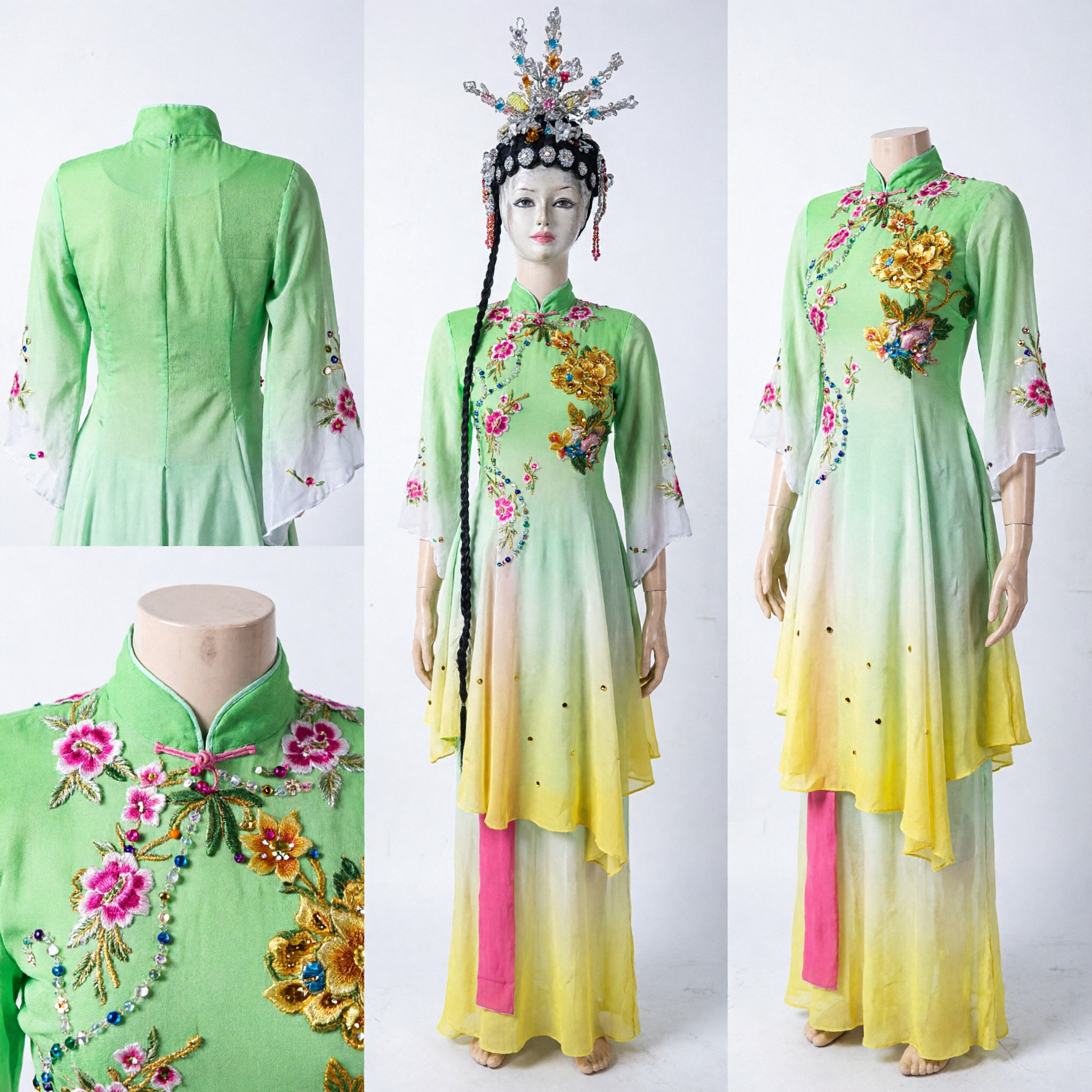 Traditional Chinese Beijing Opera Green Gradient Dan Role Costume Complete Set with Headdress for Women Performance - Asian Costume