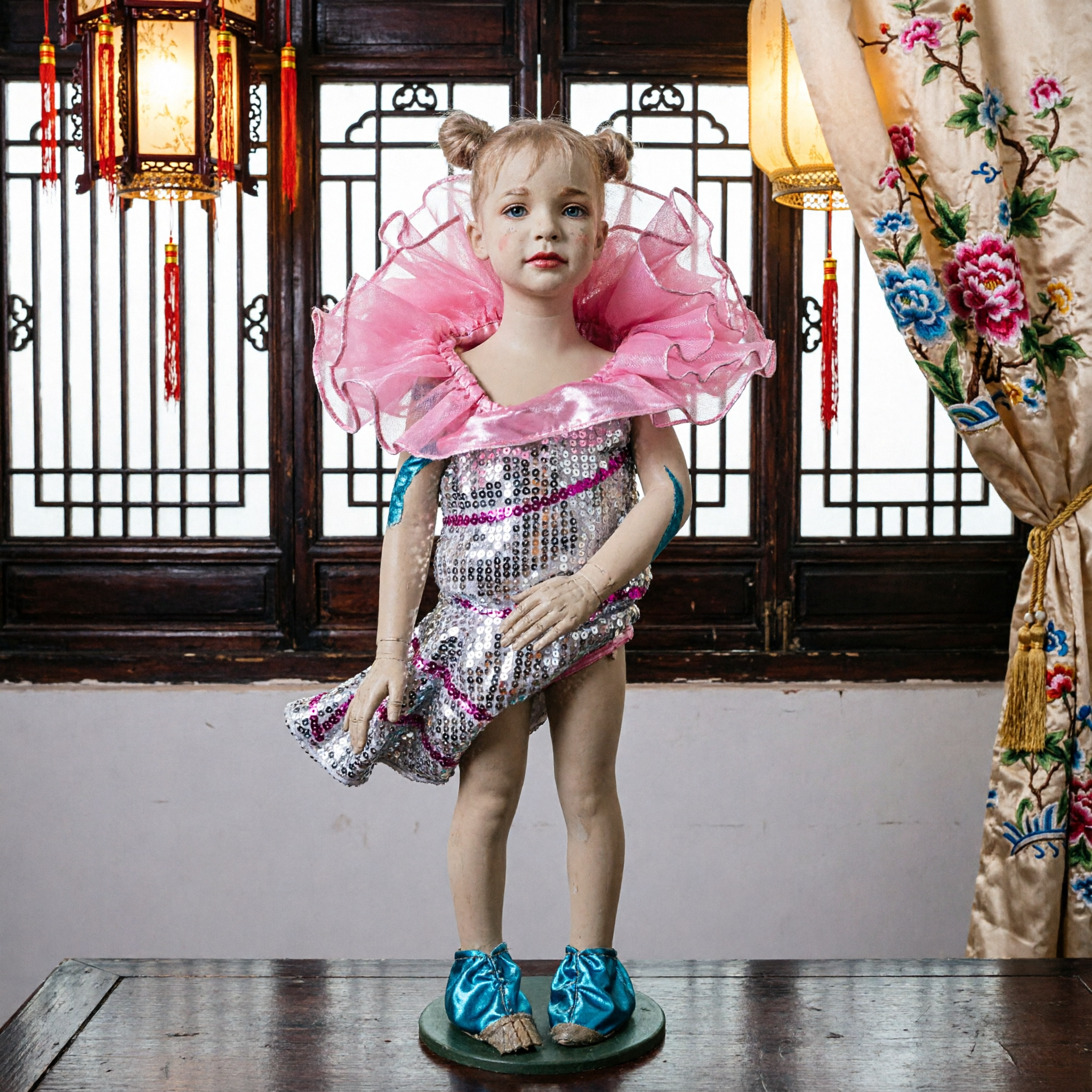 산토니뇨 동상 어린 예수 피규어 반짝이는 시퀸 드레스와 분홍색 러플 장식 가톨릭 가정 제단용 - Asian Costume