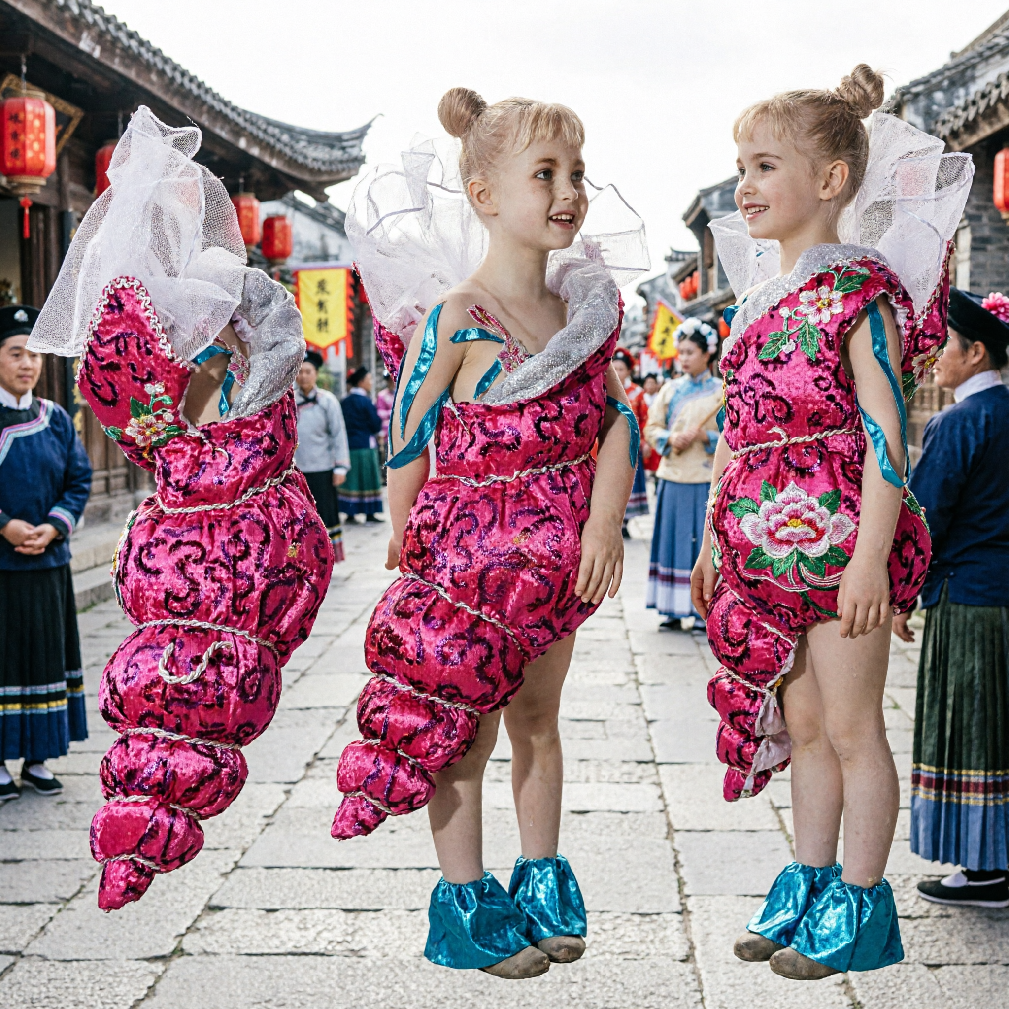 Handgefertigte weibliche Engel Statue in lebhaftem rosa gemustertem Kleid mit durchsichtigen Flügeln für Deko und religiöse Altäre - Asian Costume