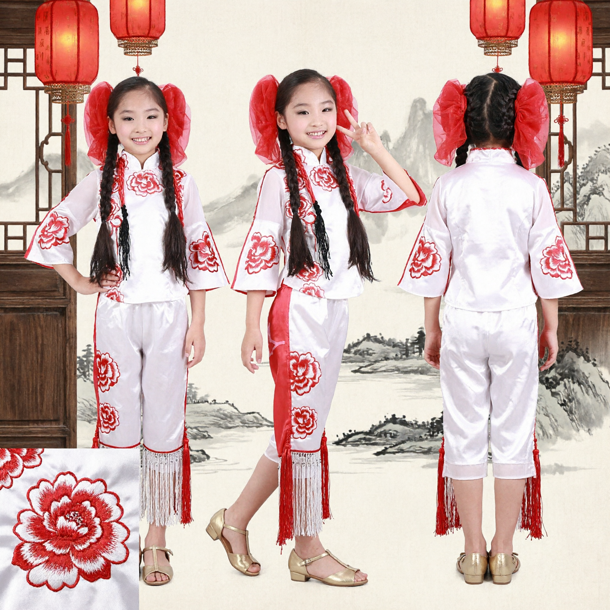 Kids Chinese Dance Costume Girls Traditional Yangge Folk Dress Red White Floral Embroidery Stage Performance Outfit - Asian Costume