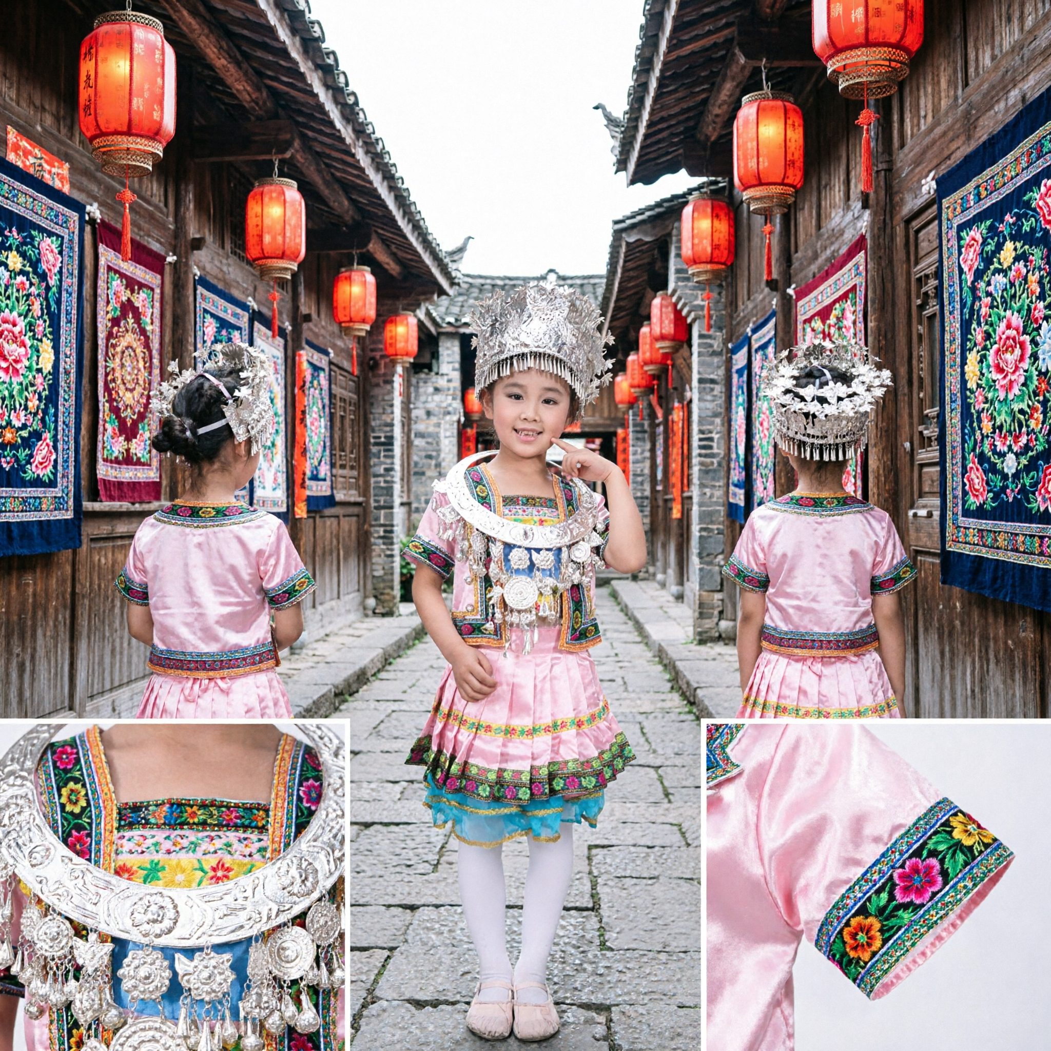 Traditional Chinese Miao Hmong Ethnic Girl Costume Pink Folk Dance Dress with Silver Headdress for Kids - Asian Costume