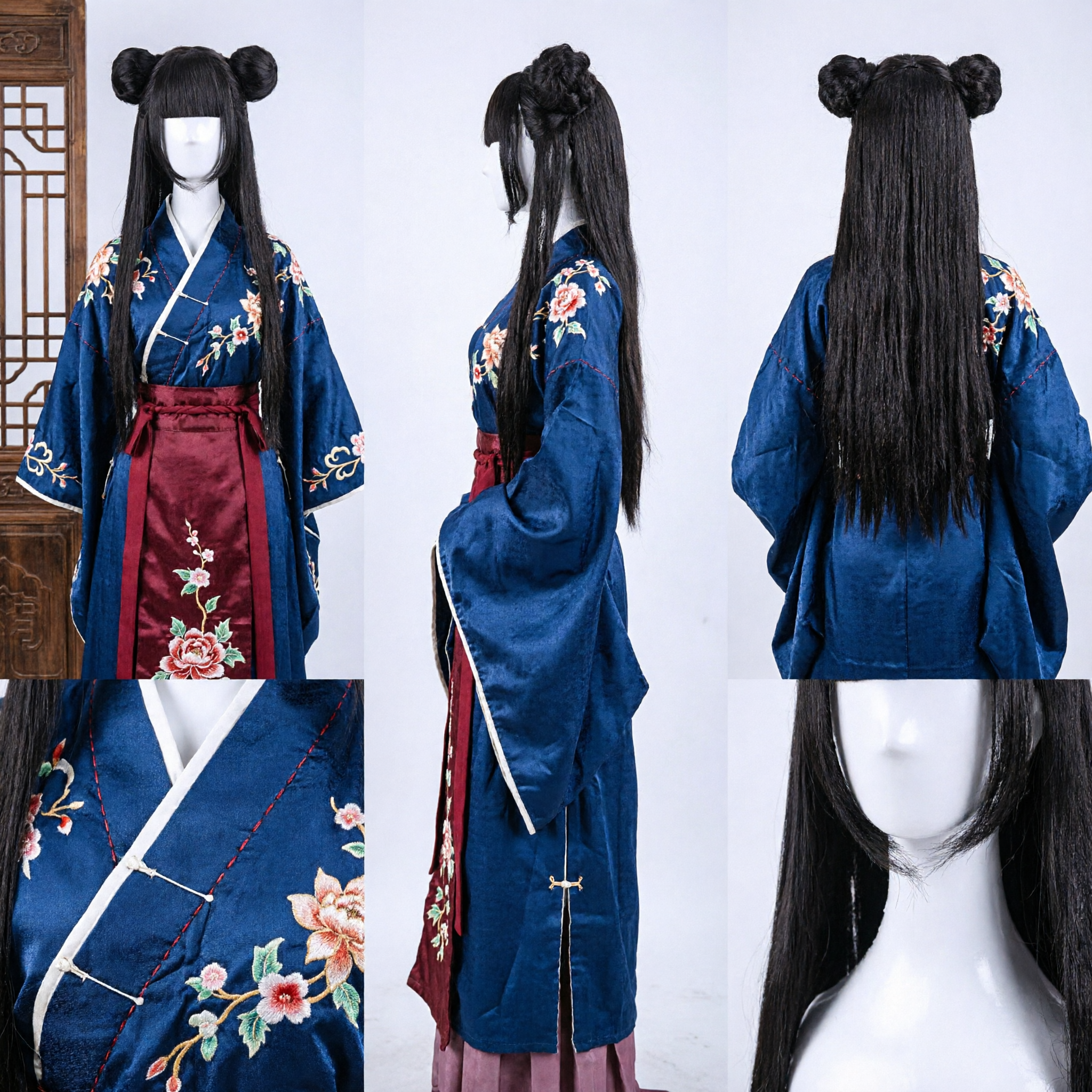 Ancient Chinese Traditional Double Bun Wig Long Black Hair Hanfu Cosplay Costume Accessory for Women - Asian Costume