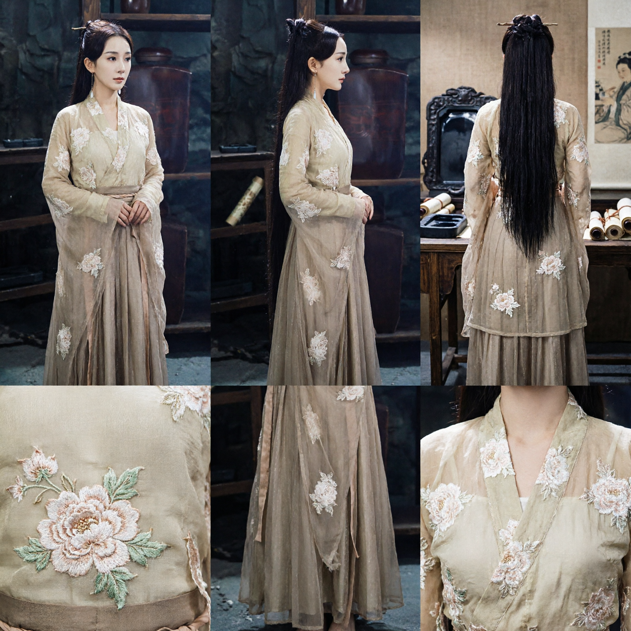 Traditional Chinese Ancient Costume Beige Fairy Hanfu Dress with Floral Embroidery for Women Cosplay - Asian Costume