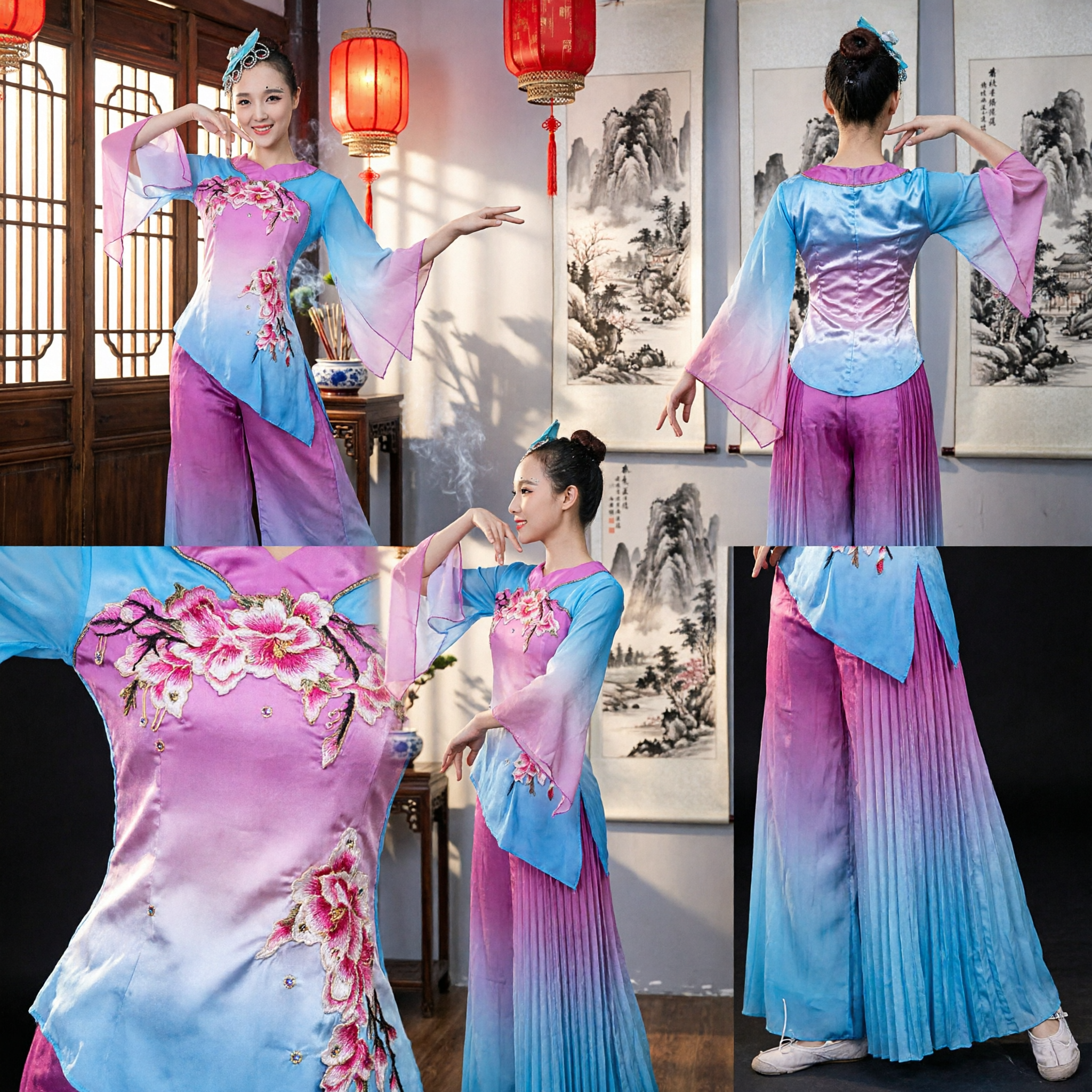 Women's Traditional Chinese Dance Costume Gradient Blue Pink Folk Dance Outfit with Floral Embroidery for Stage Performance - Asian Costume