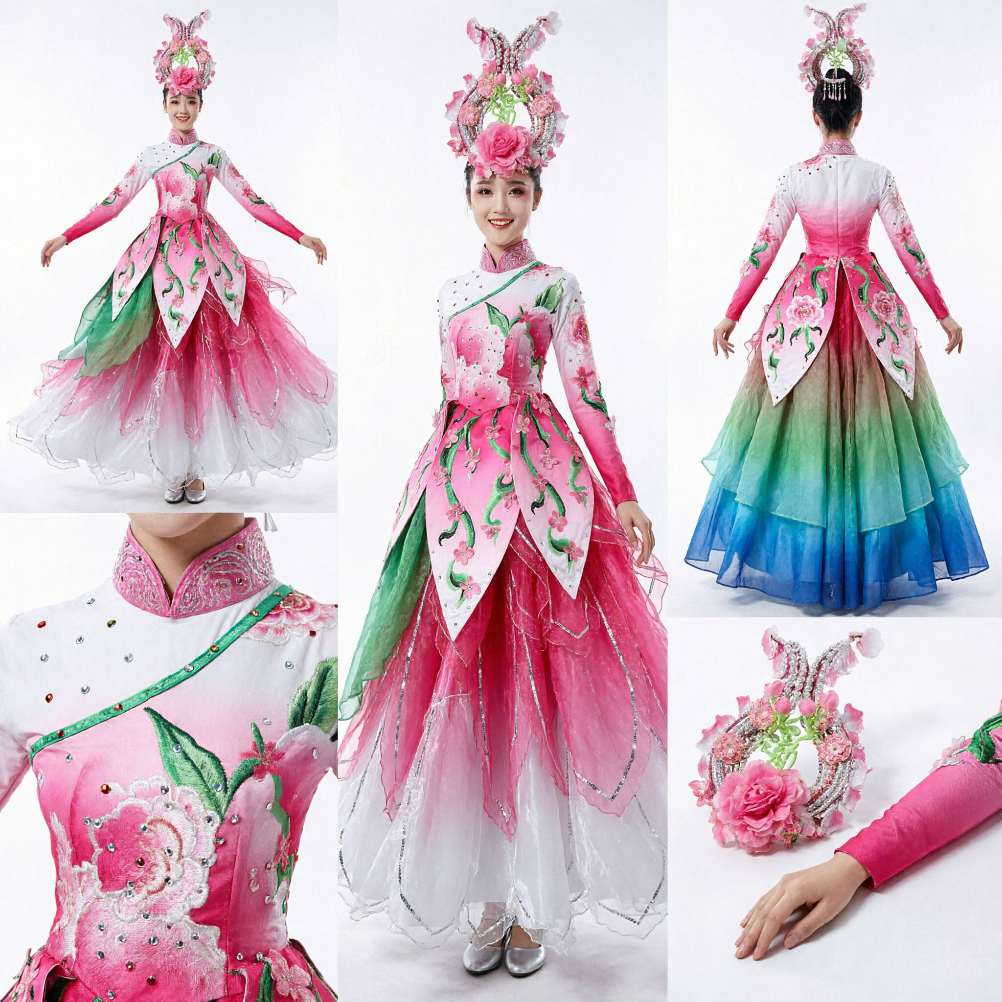 Women's Chinese Classical Dance Costume Pink Lotus Yangge Dress Traditional Folk Stage Performance Outfit with Headdress - Asian Costume