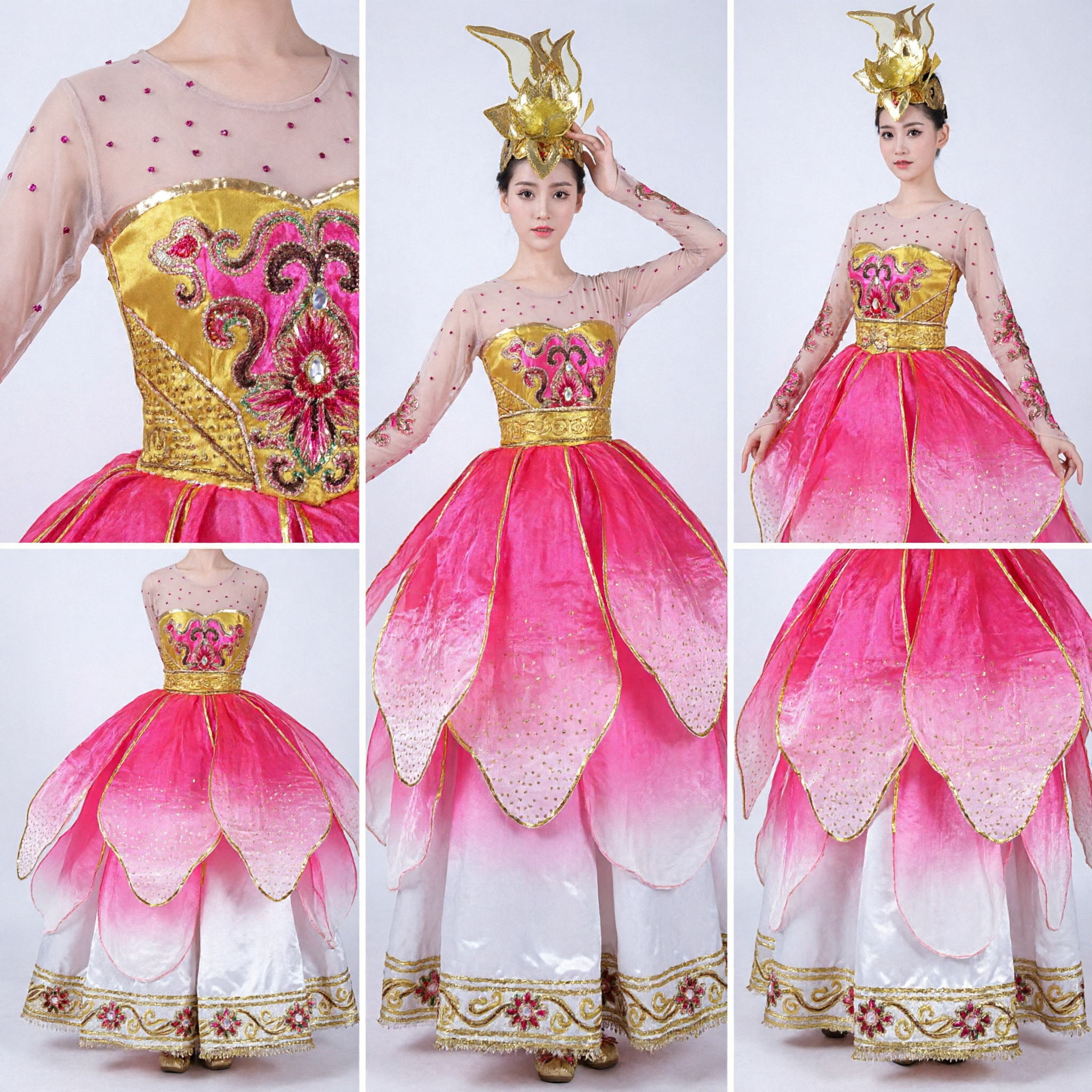 Women's Traditional Chinese Lotus Dance Costume Pink Classical Folk Dress Stage Performance Outfit with Gold Headpiece - Asian Costume
