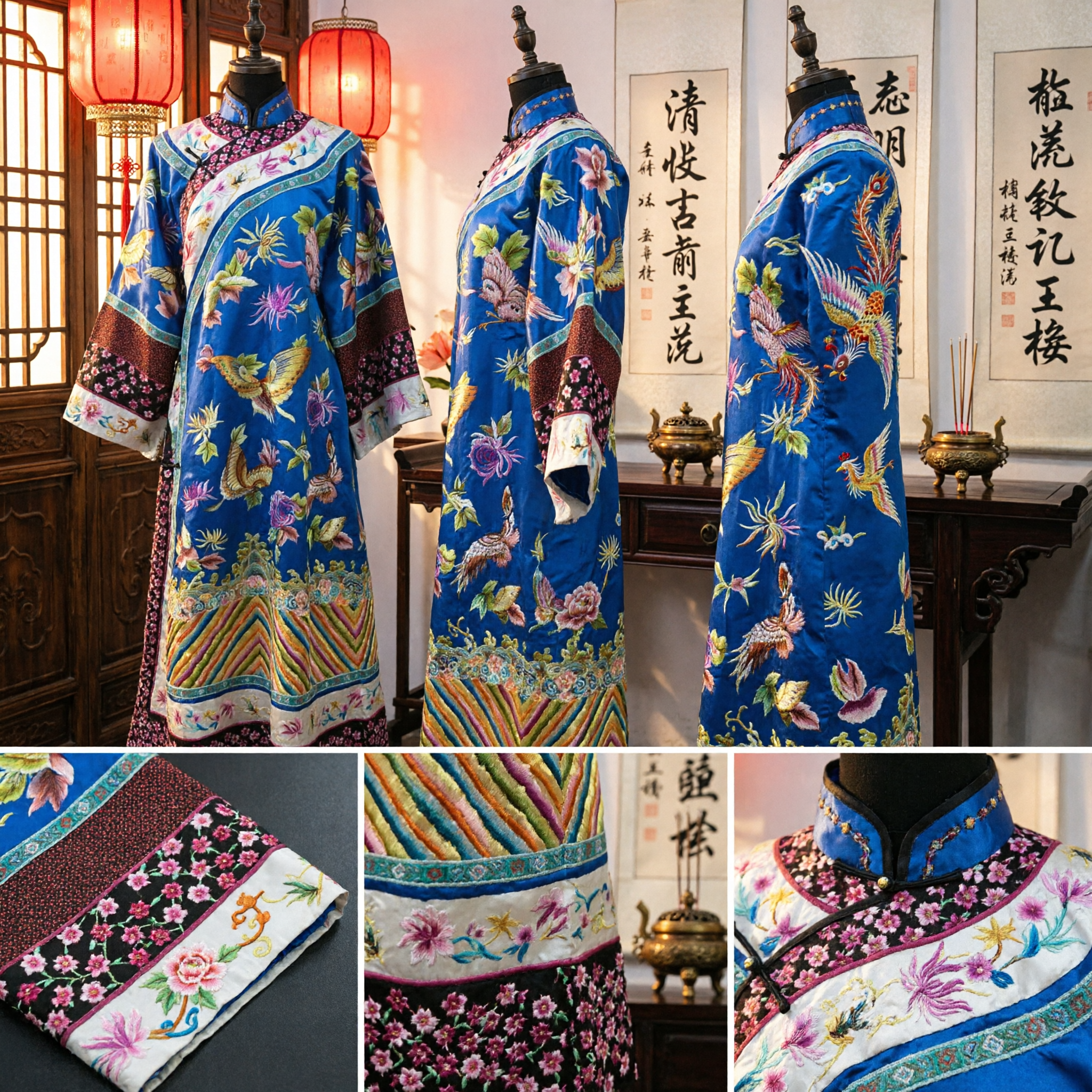 Traditional Chinese Qing Dynasty Blue Butterfly Robe Manchu Clothing Costume for Women Peking Opera - Asian Costume