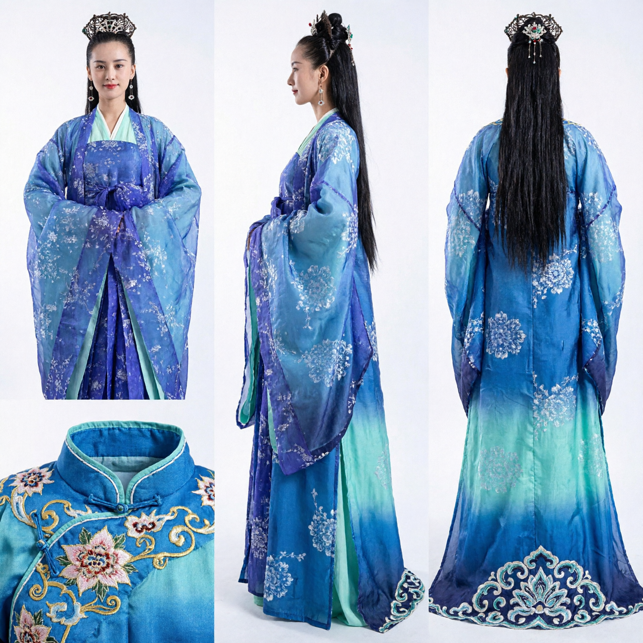 Elegant Traditional Chinese Hanfu Blue Floral Dress Ancient Princess Costume for Women Cosplay - Asian Costume
