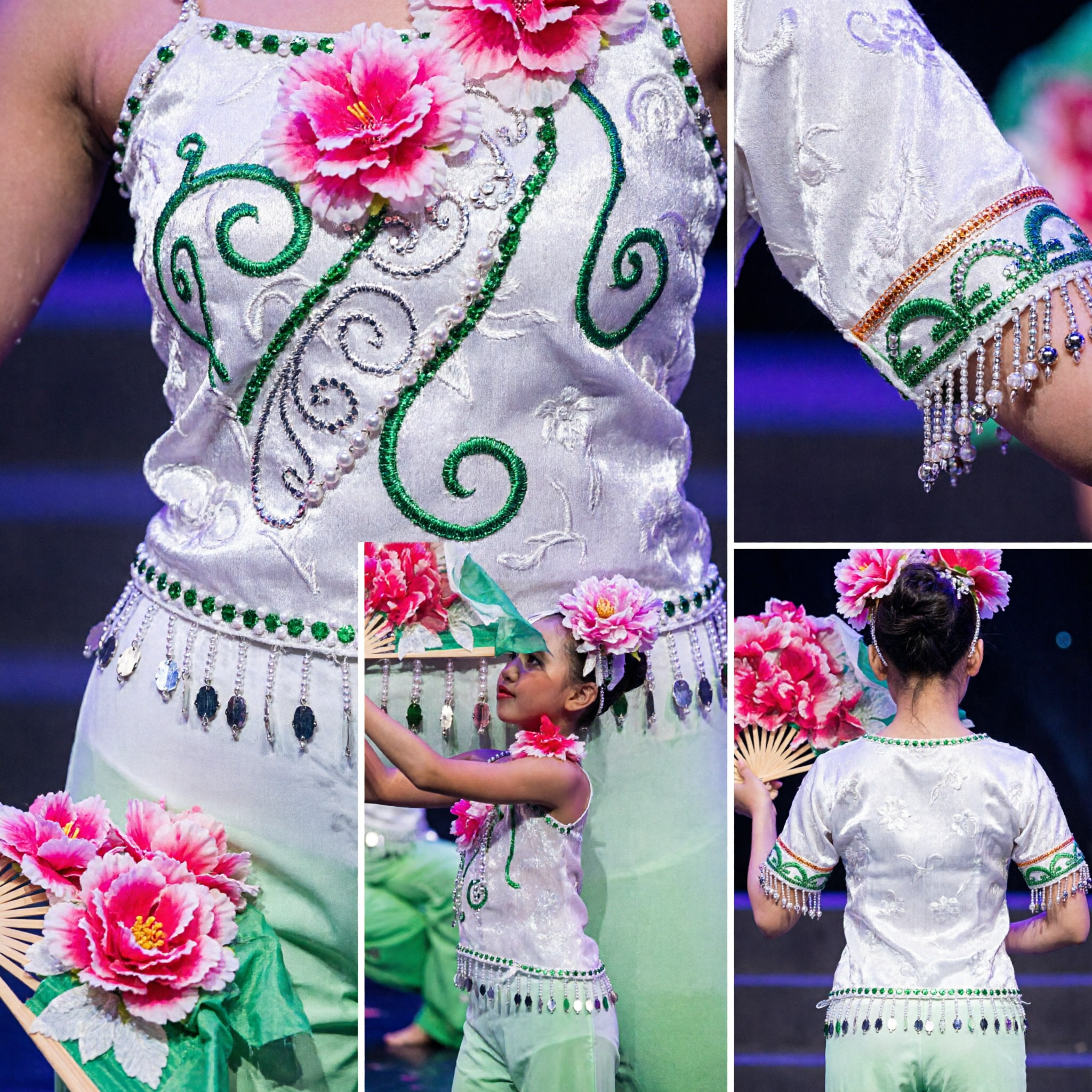 Children's Chinese Peony Flower Fan Dance Costume Girls Traditional Yangge Performance Outfit Set - Asian Costume