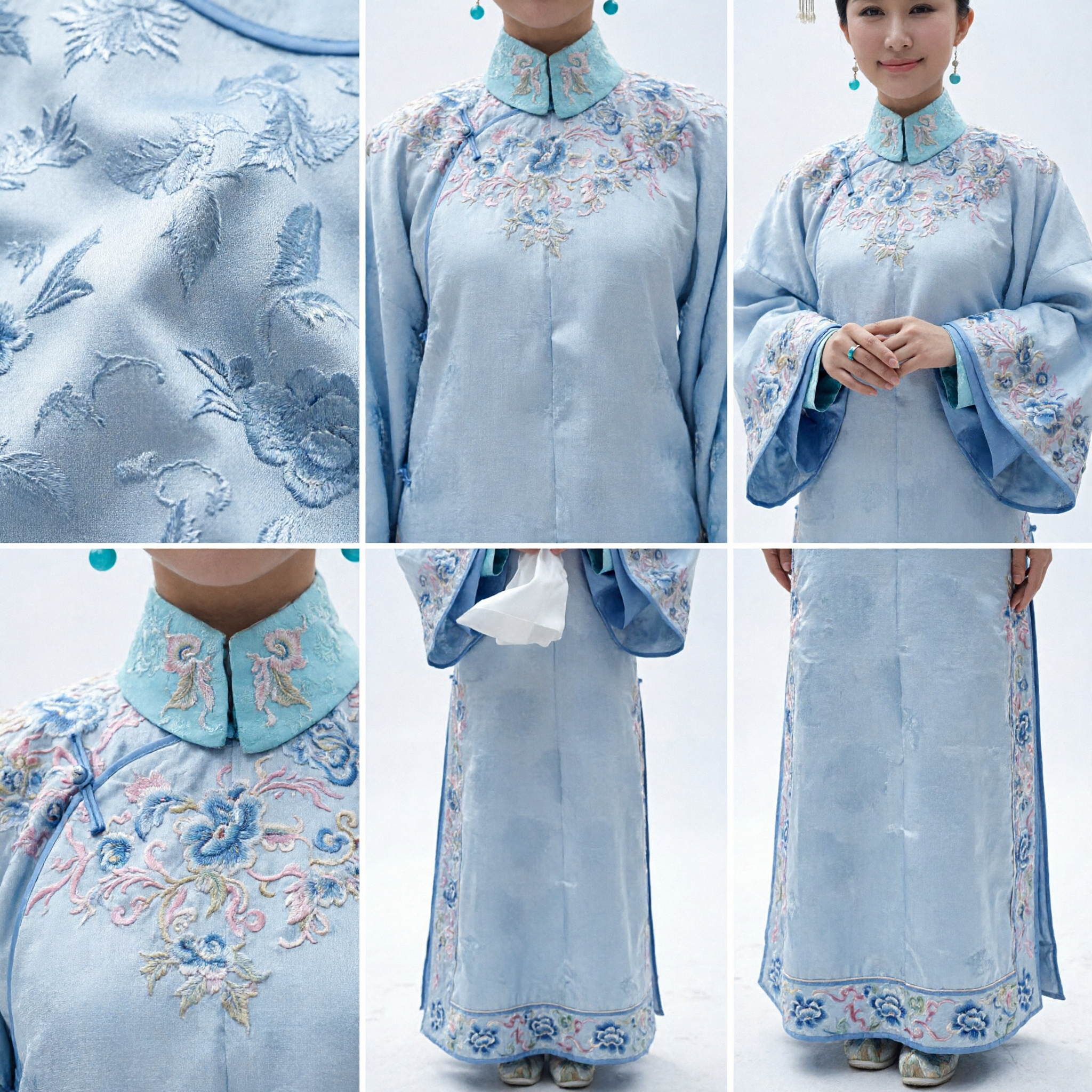 Ancient Chinese Qing Dynasty Princess Costume Blue Floral Embroidery Manchu Lady Traditional Palace Dress - Asian Costume
