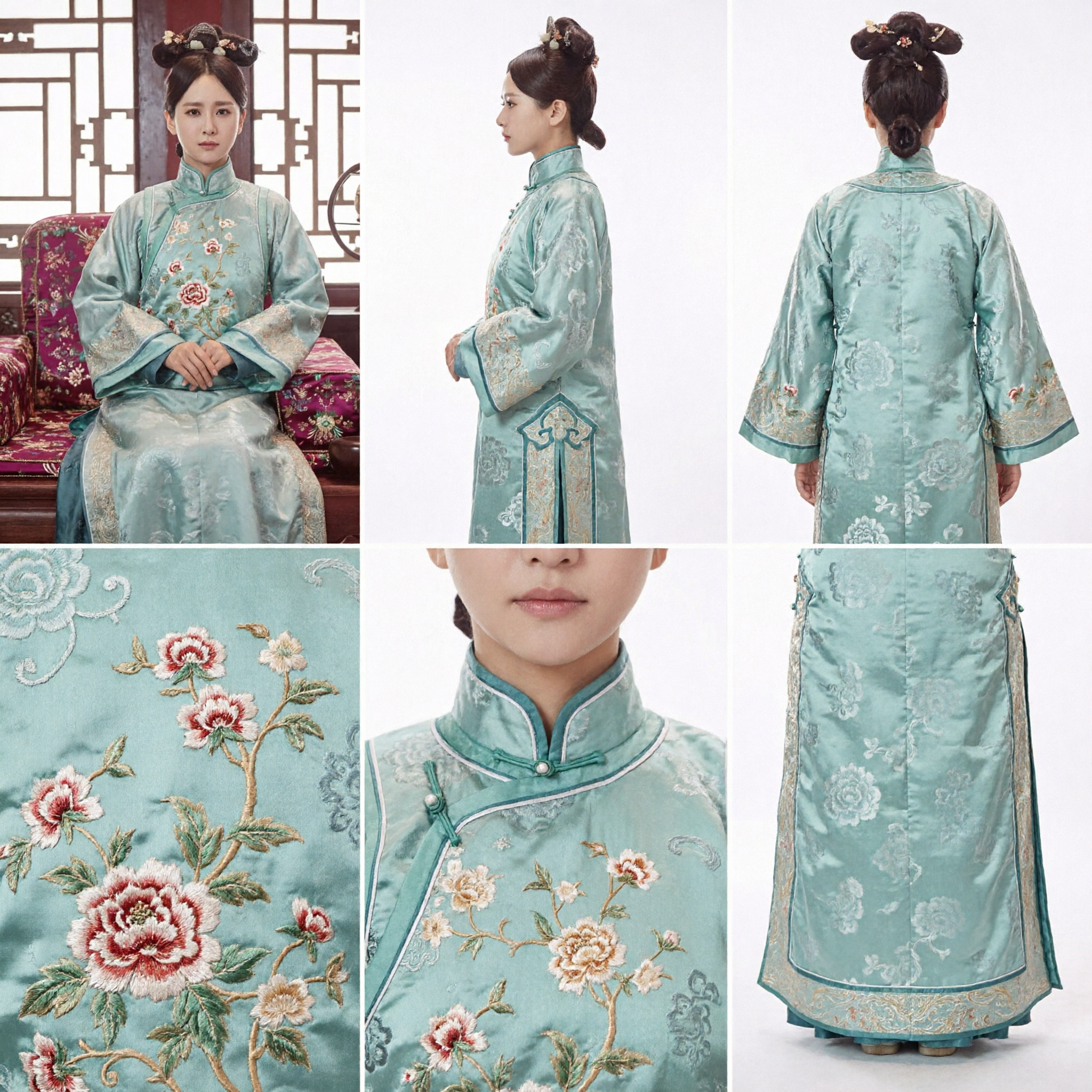 Traditional Chinese Qing Dynasty Costume Women Ancient Manchu Embroidered Robe Green Dress for Cosplay and Photography - Asian Costume