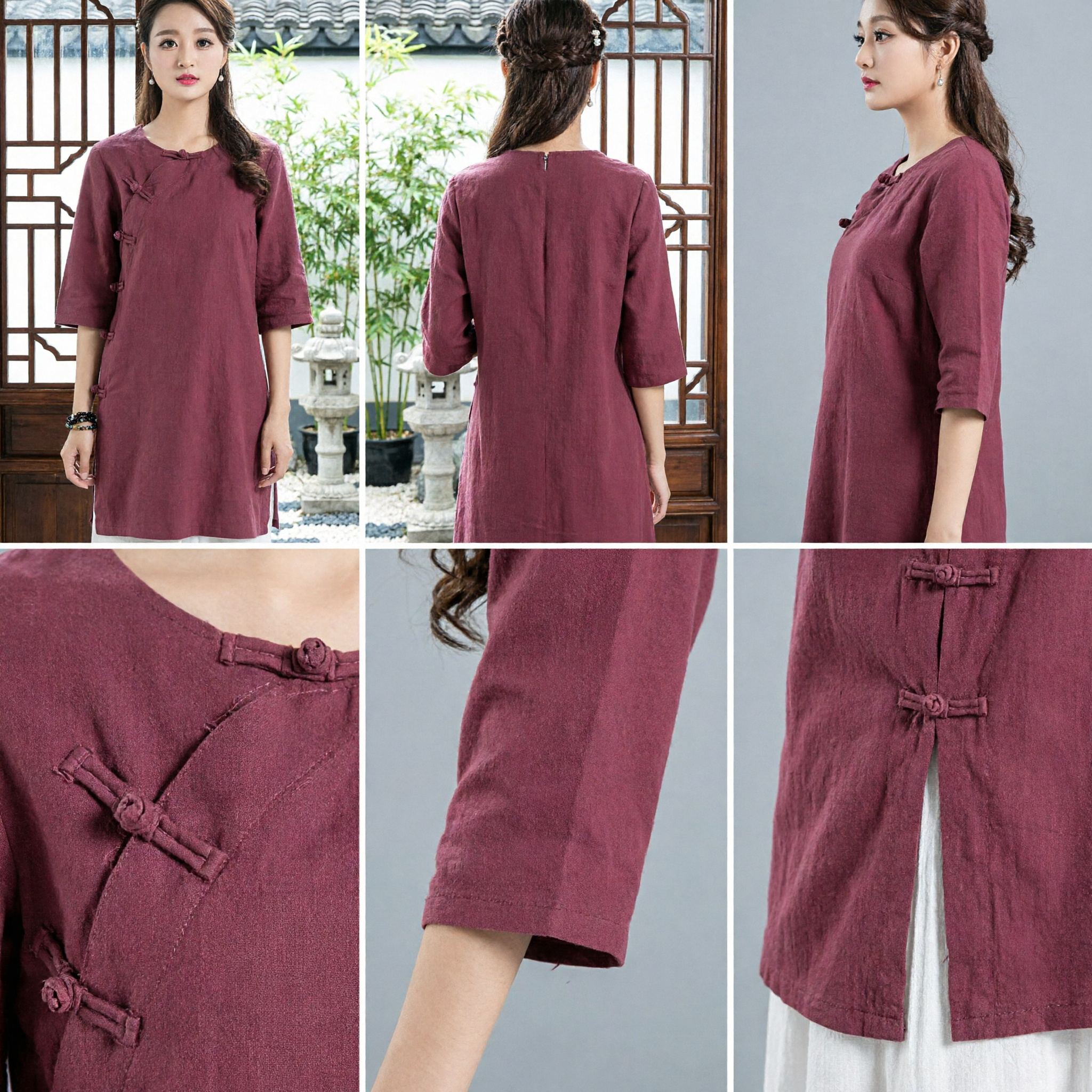 Women's Traditional Chinese Tang Suit Linen Top Vintage Ethnic Maroon Blouse with Knot Buttons - Asian Costume