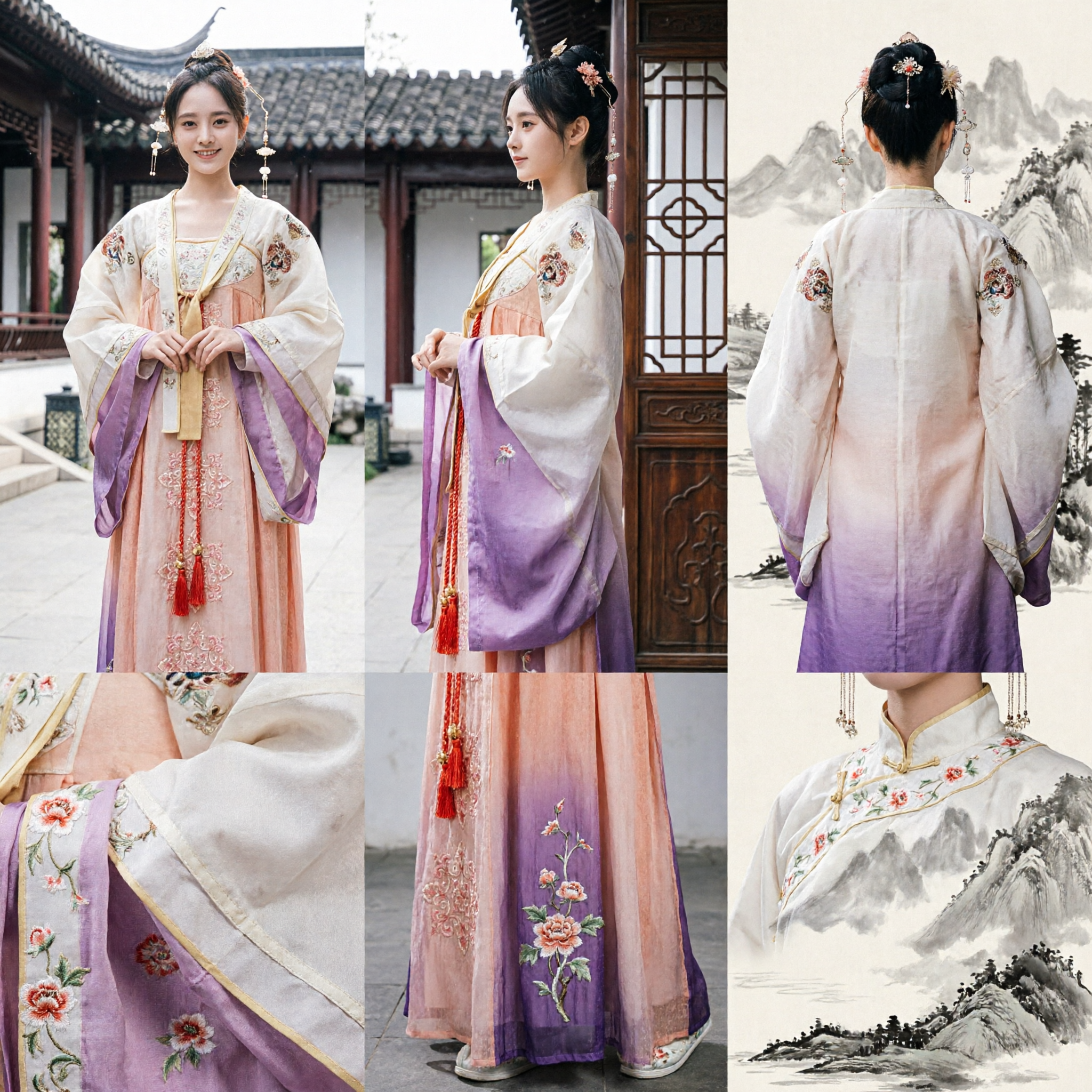 Traditional Chinese Hanfu Costume for Women Tang Dynasty Style Embroidered Floral Top and Pink Gradient Skirt Set - Asian Costume