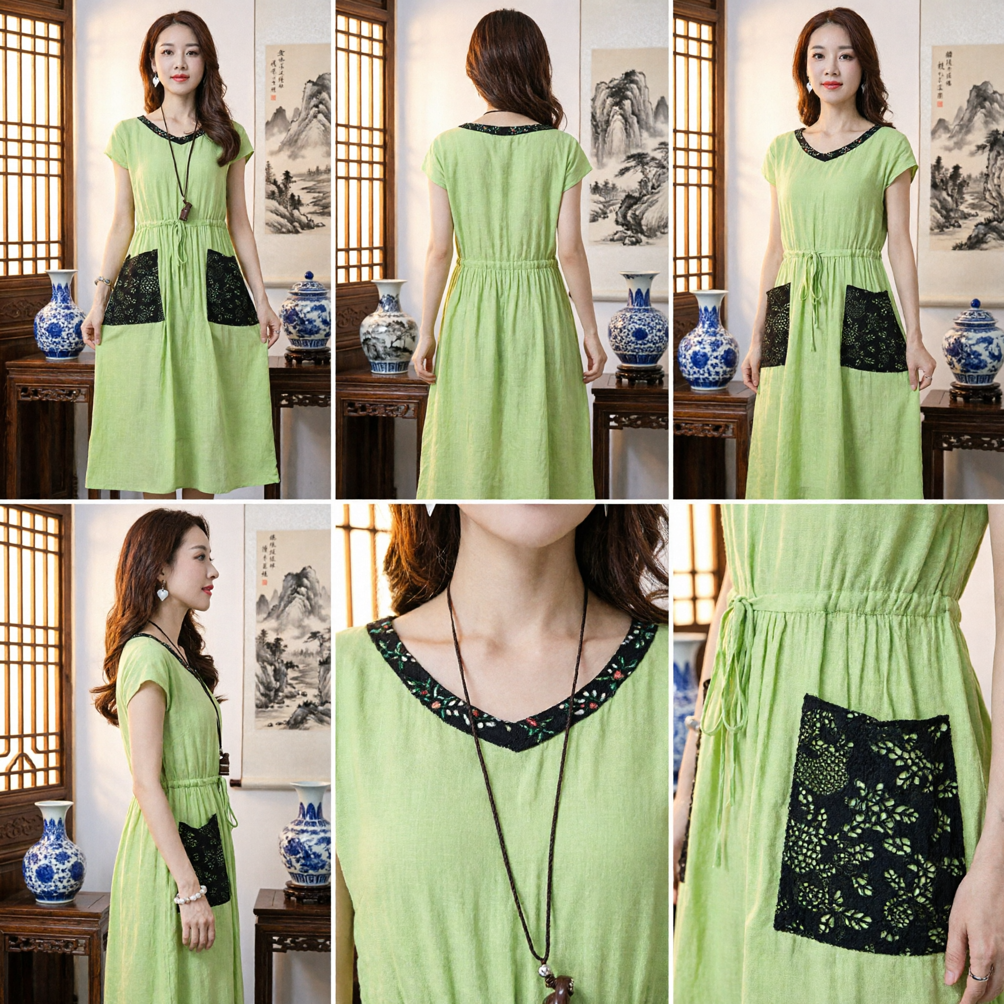 Vestido Casual para Mujer Verde de Lino Vestido Suelto de Verano Estilo Étnico Maxi con Bolsillos de Encaje Negro - Asian Costume