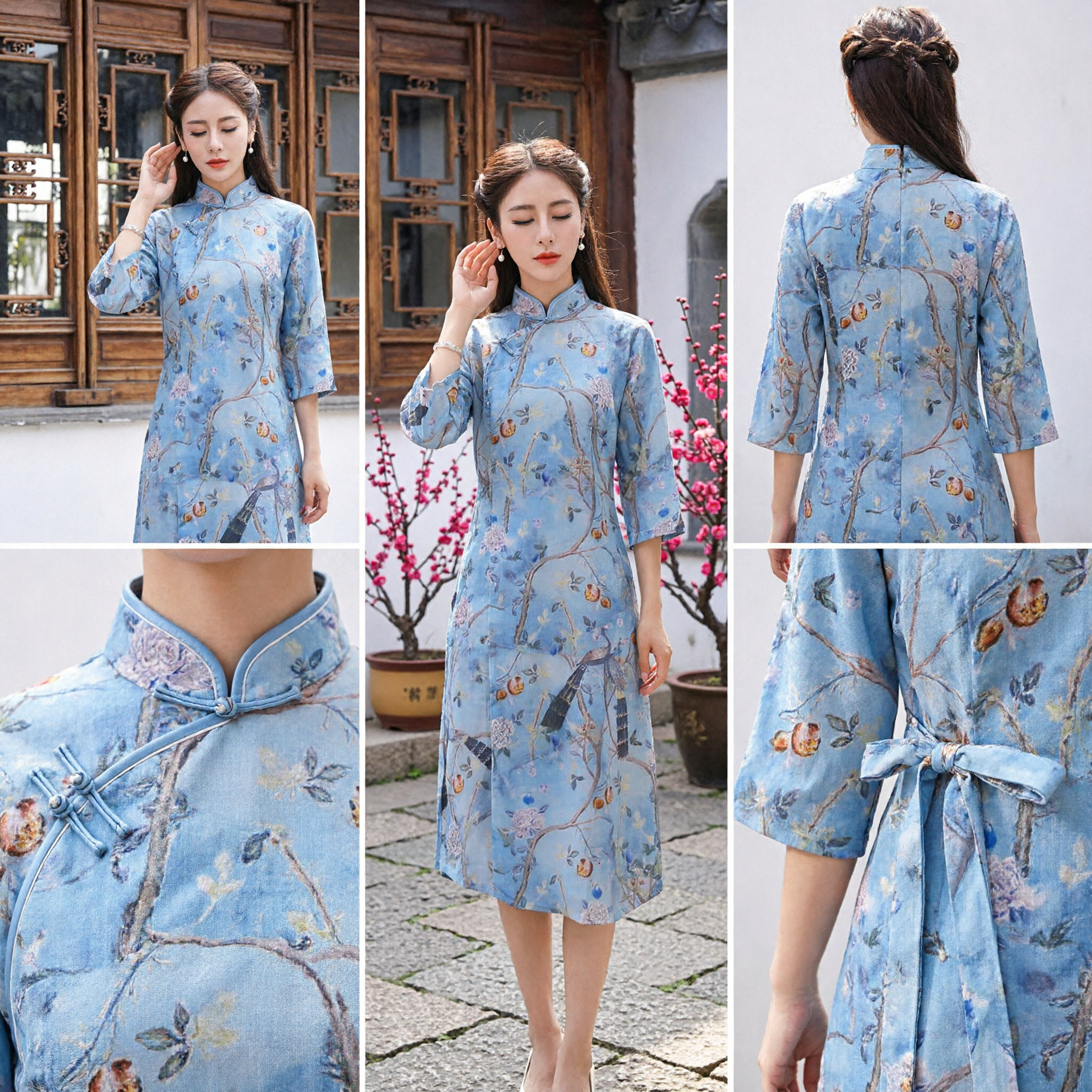 Elegant Blue Floral Chinese Cheongsam Dress Women Traditional Mandarin Collar Qipao Casual Summer Daily Wear - Asian Costume