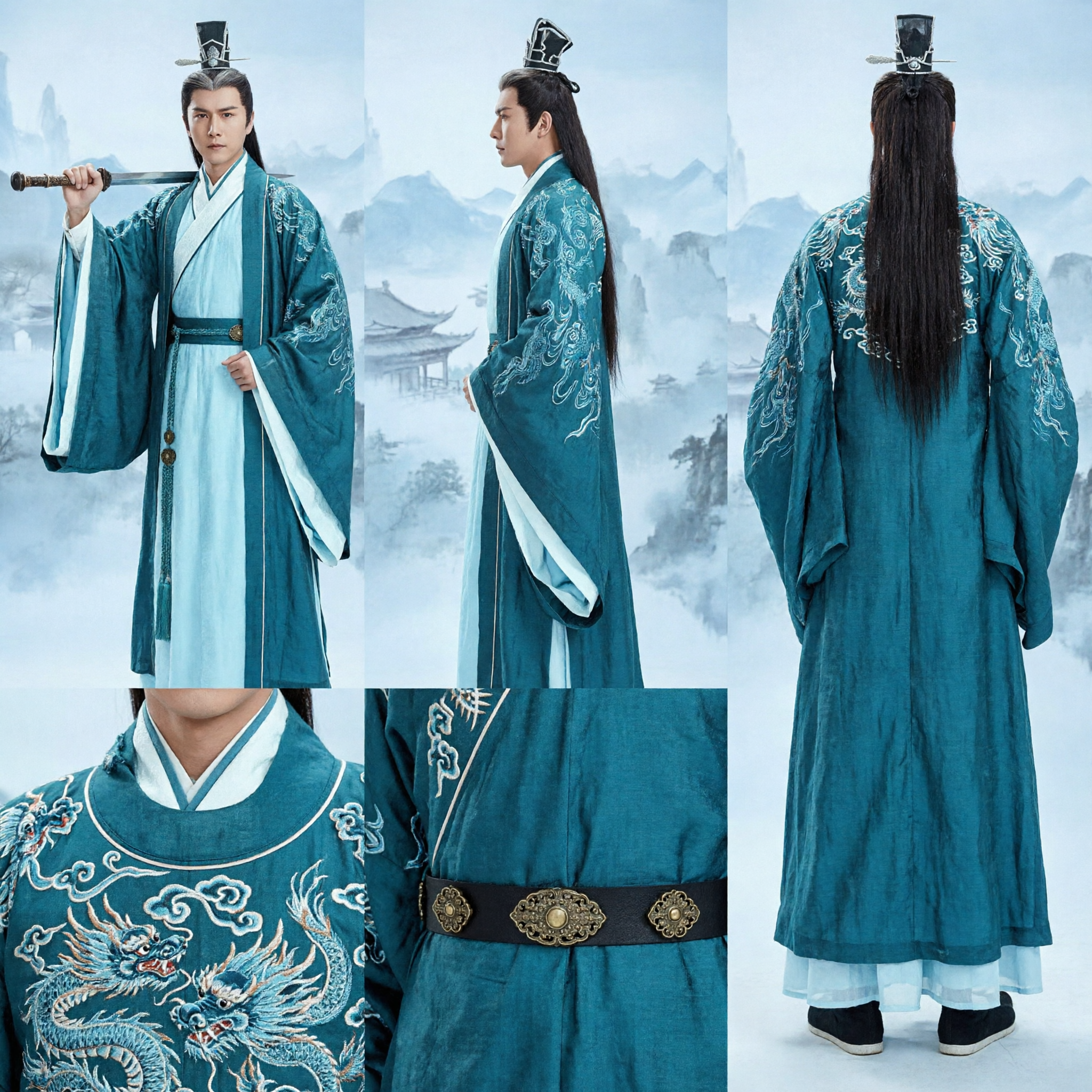Men's Ancient Chinese Swordsman Hanfu Costume Traditional Wuxia Knight Embroidered Green Robe for Cosplay - Asian Costume
