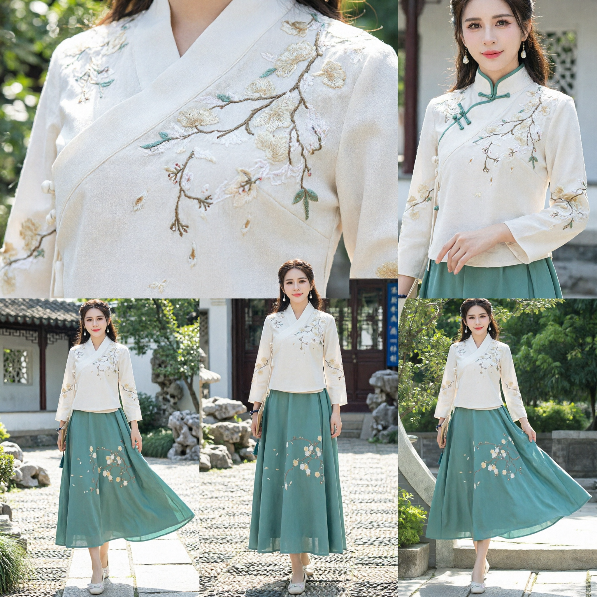 Elegant Traditional Chinese Hanfu Set for Women White Embroidered Blouse and Teal Skirt Ancient Costume - Asian Costume