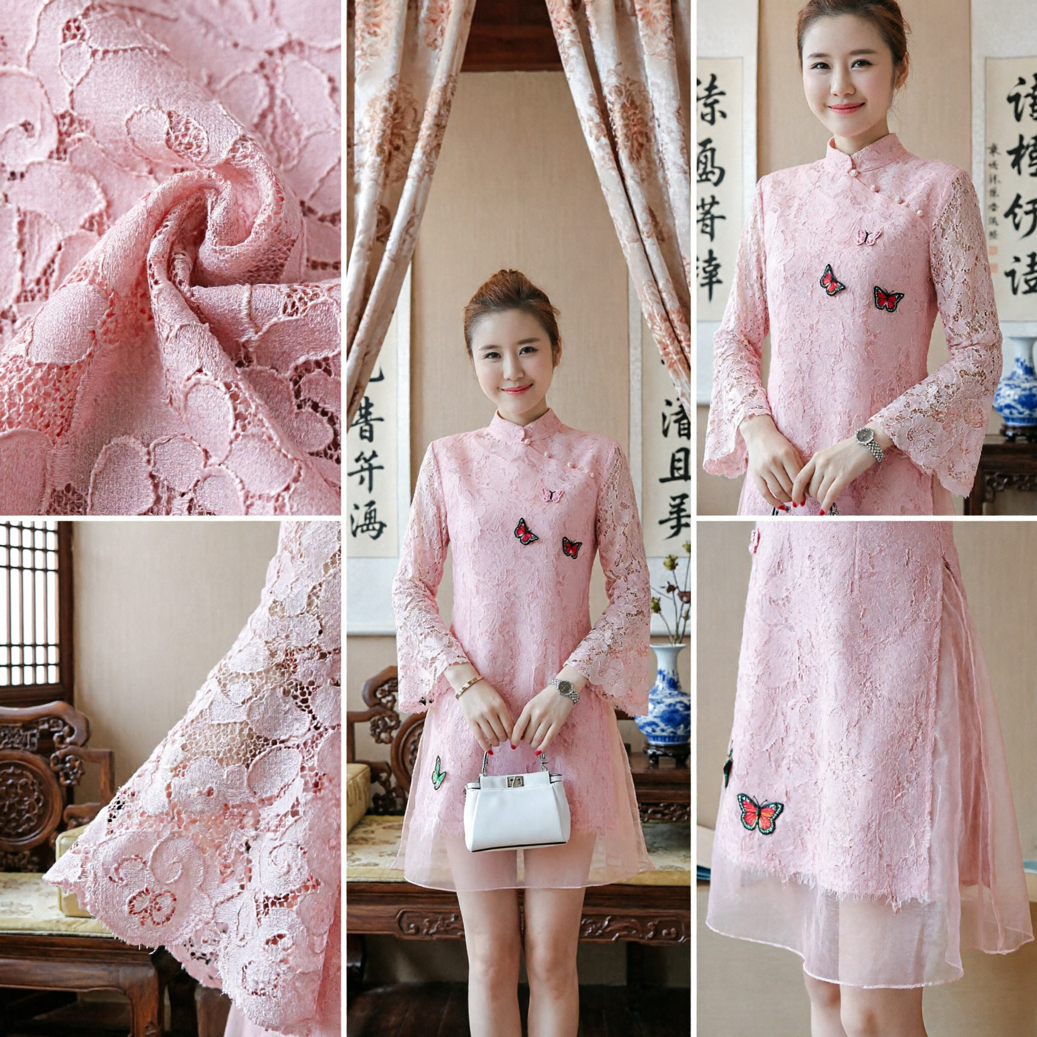 Elegant Pink Lace Modern Cheongsam Dress Butterfly Embroidery Mandarin Collar Traditional Chinese Party Wear for Women - Asian Costume