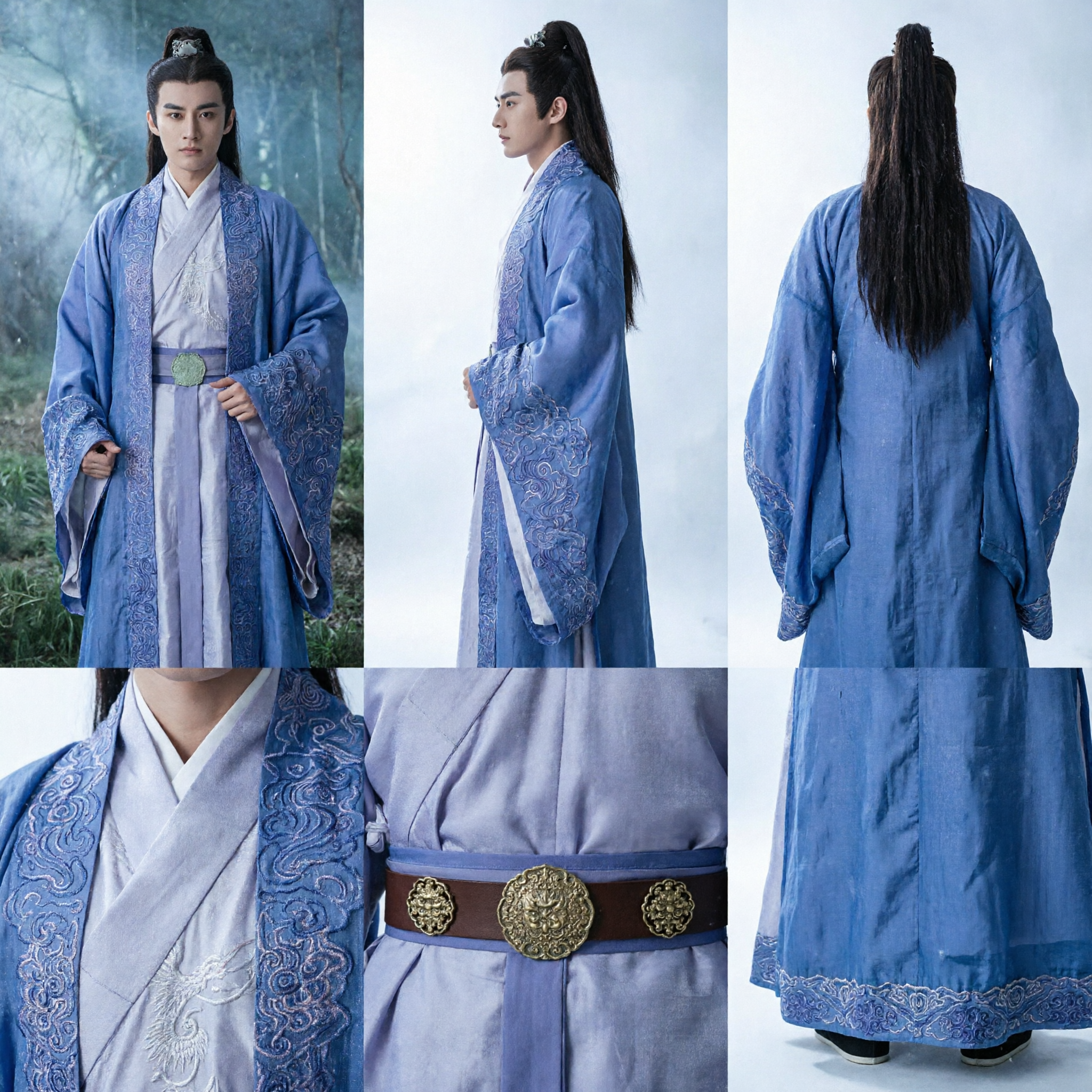 Men's Ancient Chinese Blue Hanfu Traditional Costume Embroidered Wuxia Swordsman Robe for Cosplay and Performance - Asian Costume