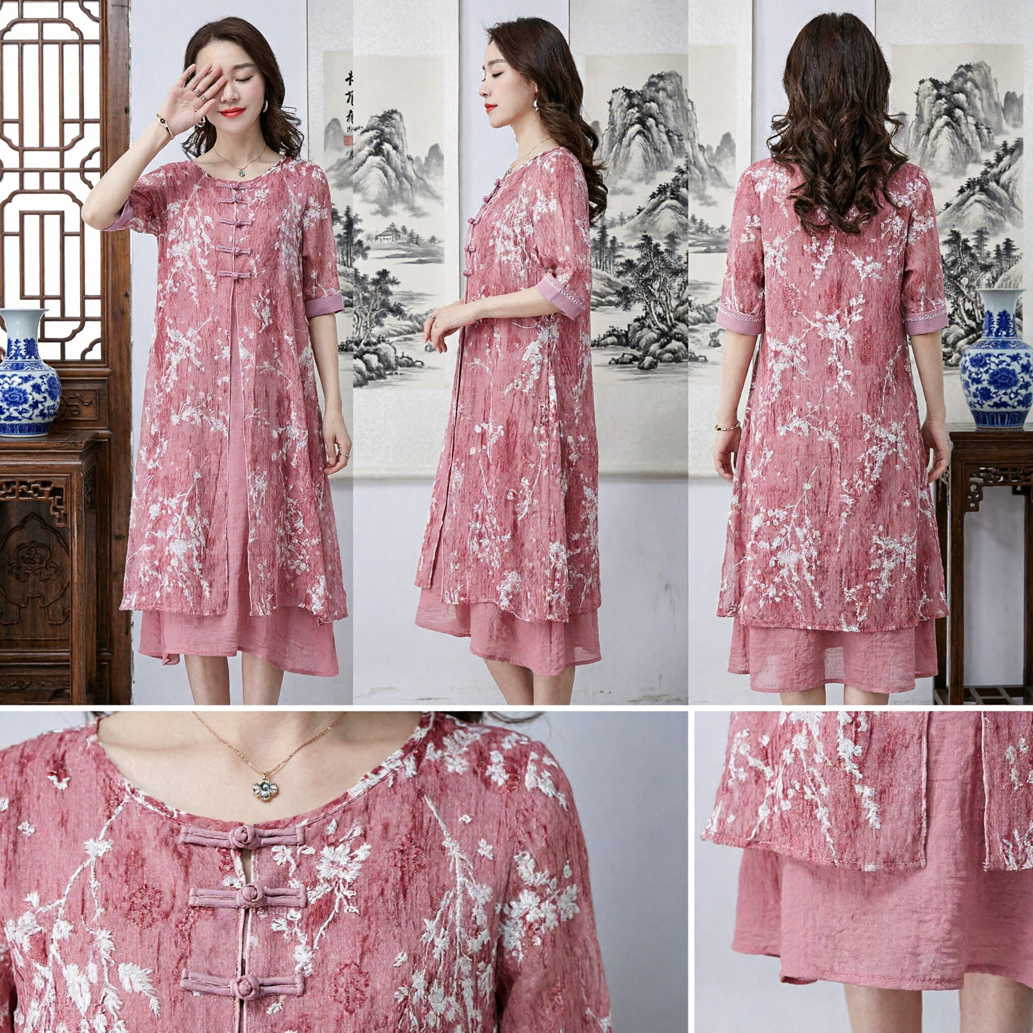 Women's Chinese Traditional Floral Linen Dress Vintage Tang Suit Loose Summer Casual Dress for Ladies Mother - Asian Costume