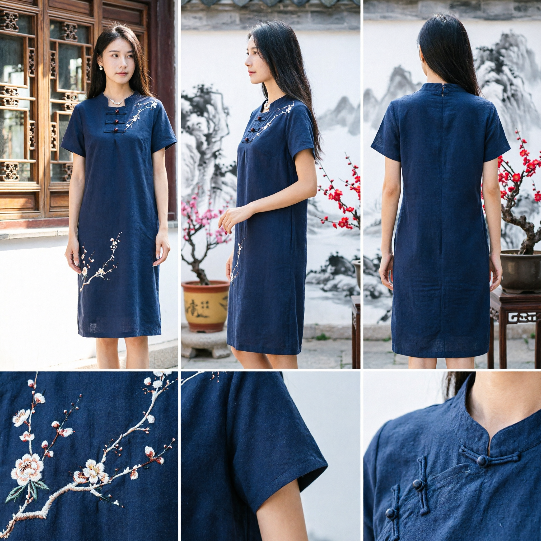 Elegant Navy Blue Chinese Style Linen Dress Women Casual Summer Qipao with Floral Embroidery Vintage Outfit - Asian Costume
