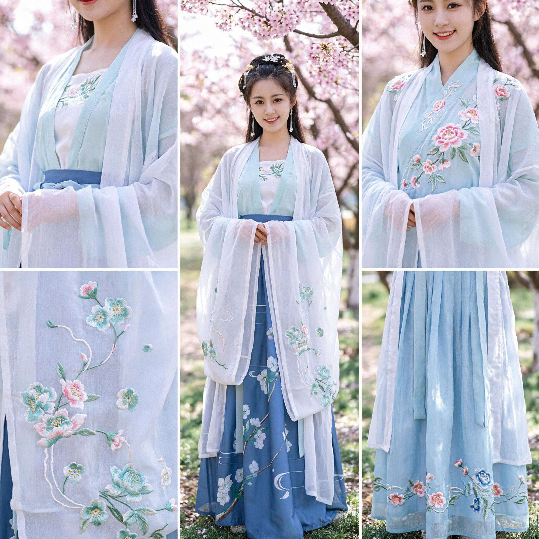 Traditional Chinese Hanfu Costume Blue Embroidery Ancient Tang Dynasty Princess Dress for Women Cosplay - Asian Costume