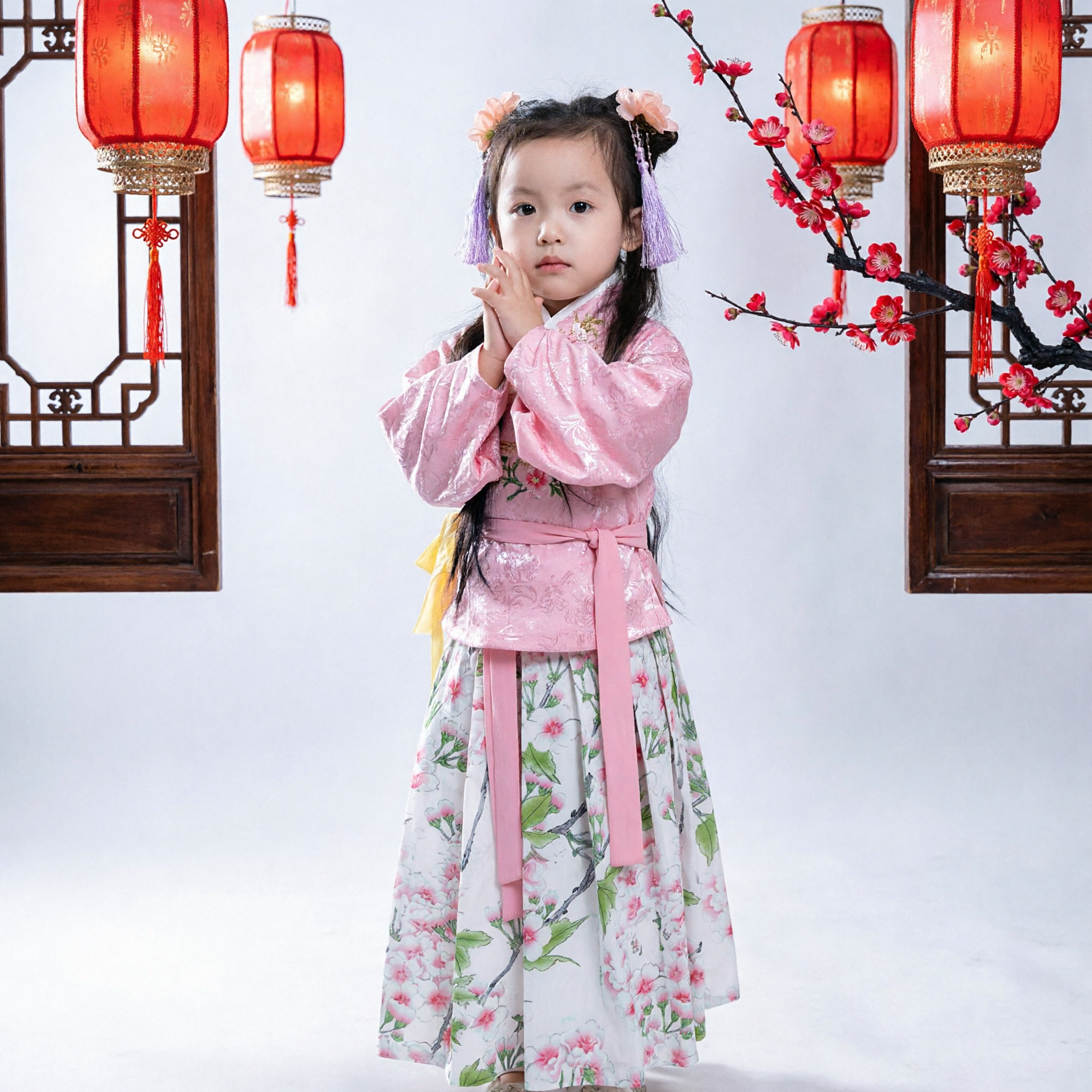 Kids Traditional Chinese Hanfu Pink Floral Princess Dress Ancient Costume for Girls Performance - Asian Costume