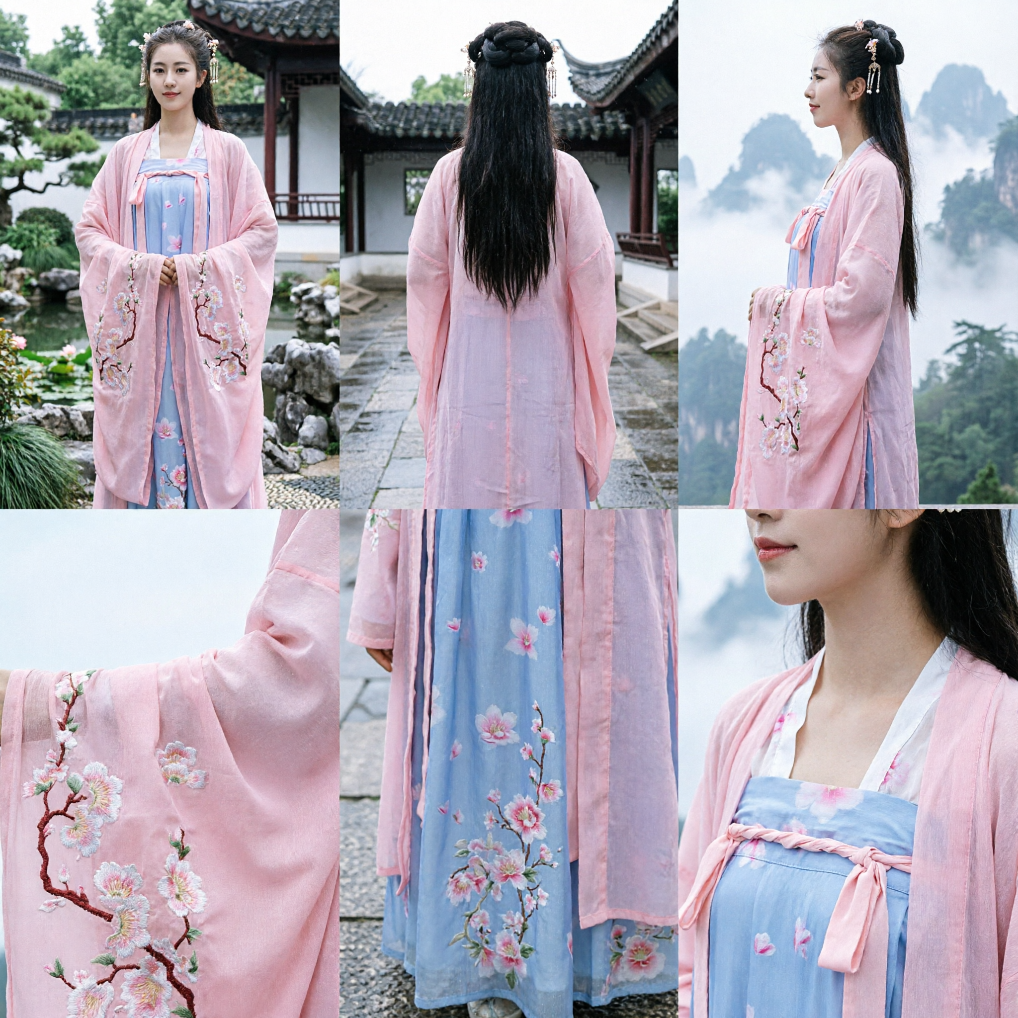 Traditional Chinese Hanfu Tang Dynasty Style Pink Embroidered Robe and Blue Dress Costume for Women - Asian Costume
