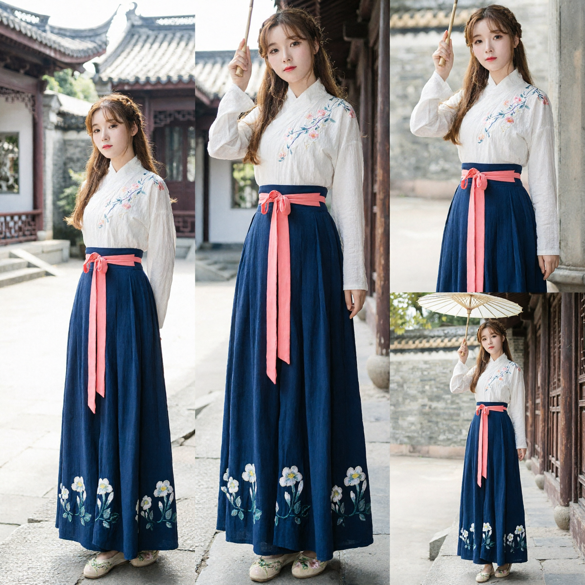 Traditional Chinese Hanfu Clothing Set for Women Elegant White Embroidered Blouse and Navy Blue Pleated Skirt - Asian Costume